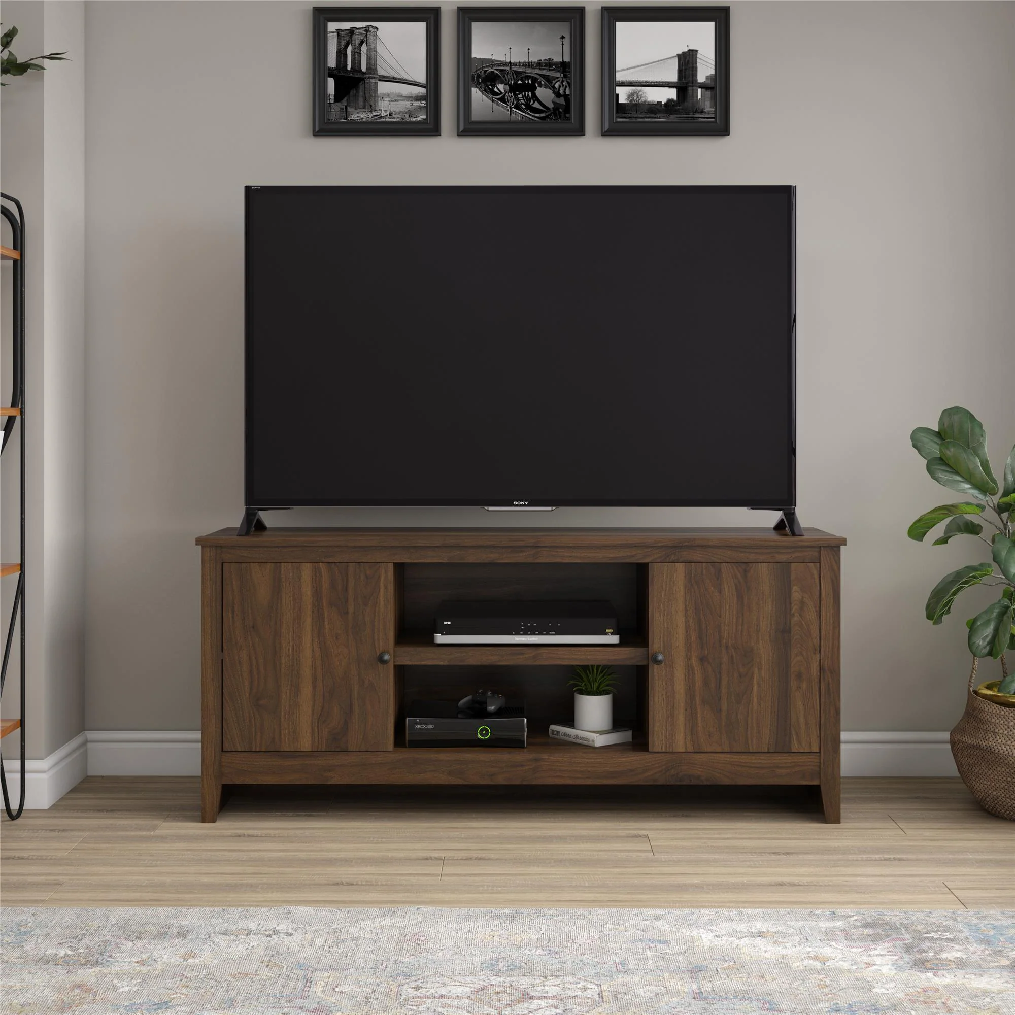 TV Stand For TVs Up To 65" With Open Shelves And Storage Cabinets - Walnut - Image 7