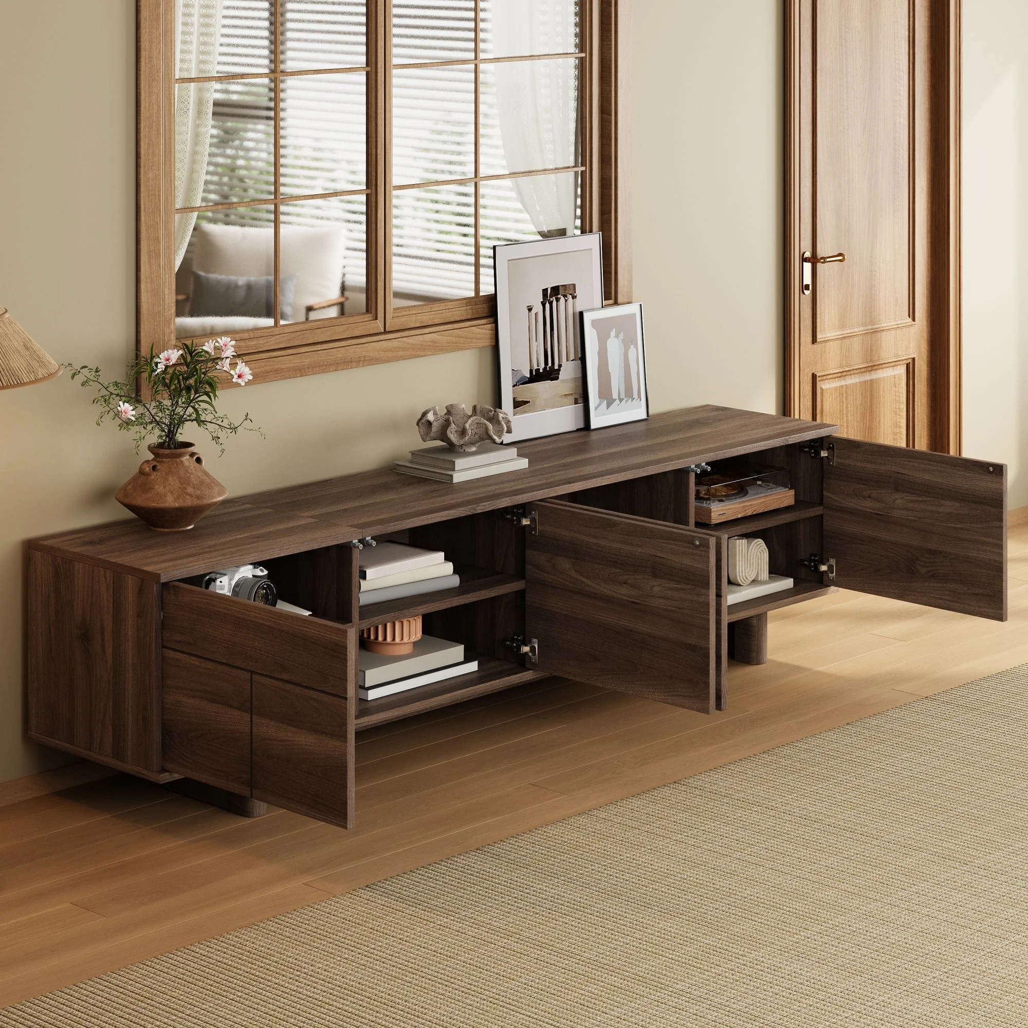 TV Stand For TVs Up To 85", Entertainment Center, Cable Management, Push Openers, Soft Closing Hinges & Adjustable Shelves - Dark Brown - Image 2