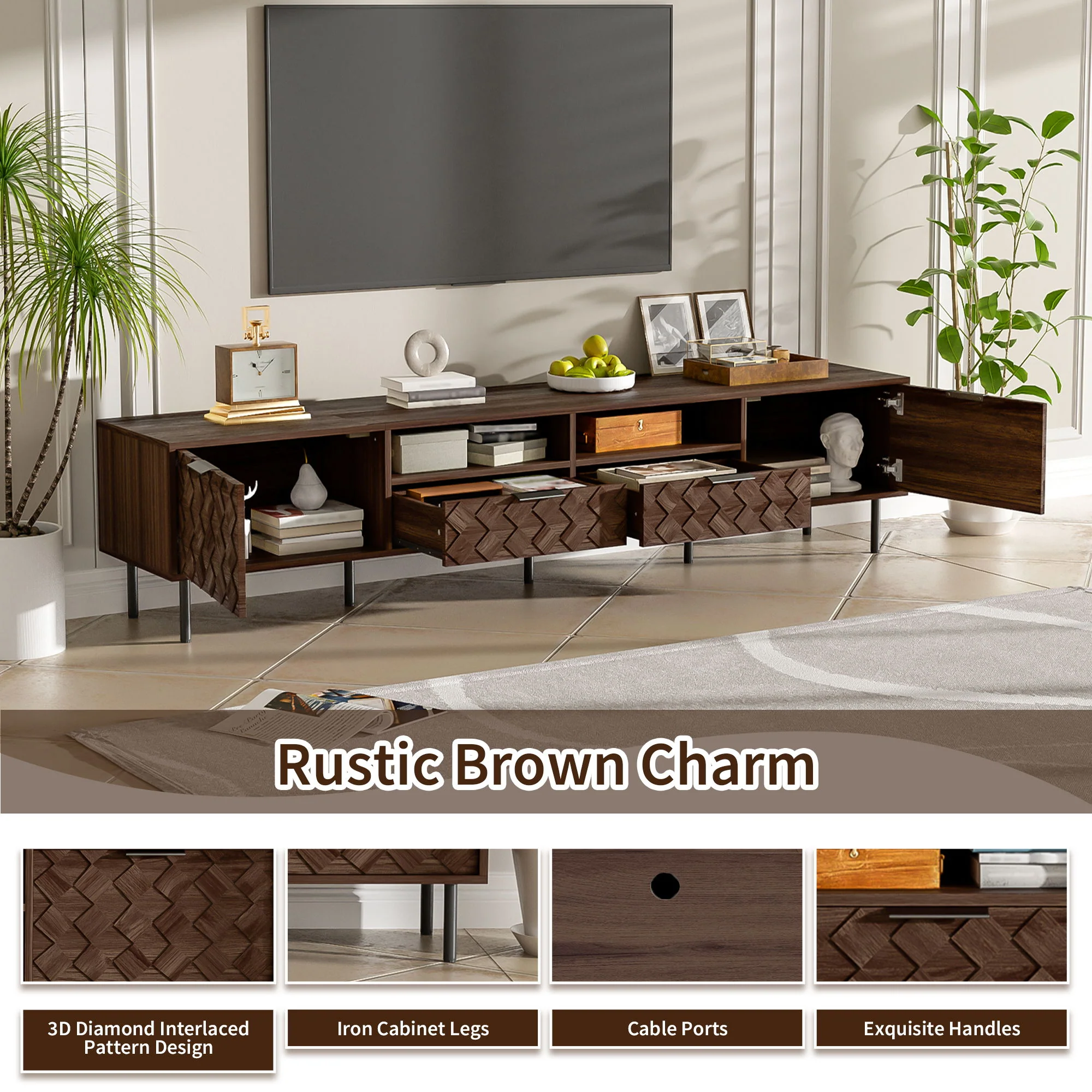 TV Stand For TVs Up To 85" With Closed Storage, Soft Closing Hinges, Living Room Entertainment Center - Walnut - Image 6