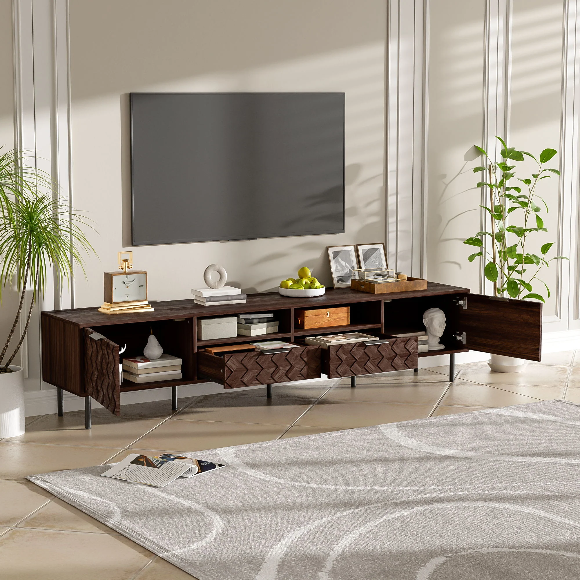 TV Stand For TVs Up To 85" With Closed Storage, Soft Closing Hinges, Living Room Entertainment Center - Walnut - Image 8