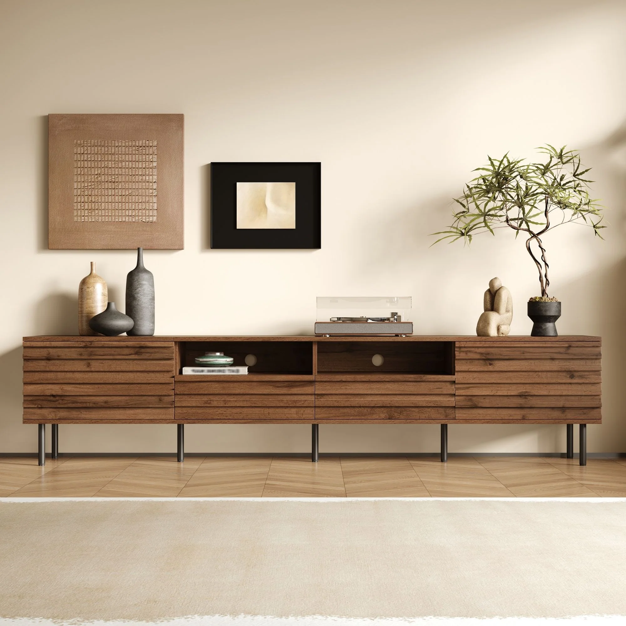 TV Stand For TVs Up To 85" With Closed Storage, Soft Closing Hinges - Walnut - Image 2