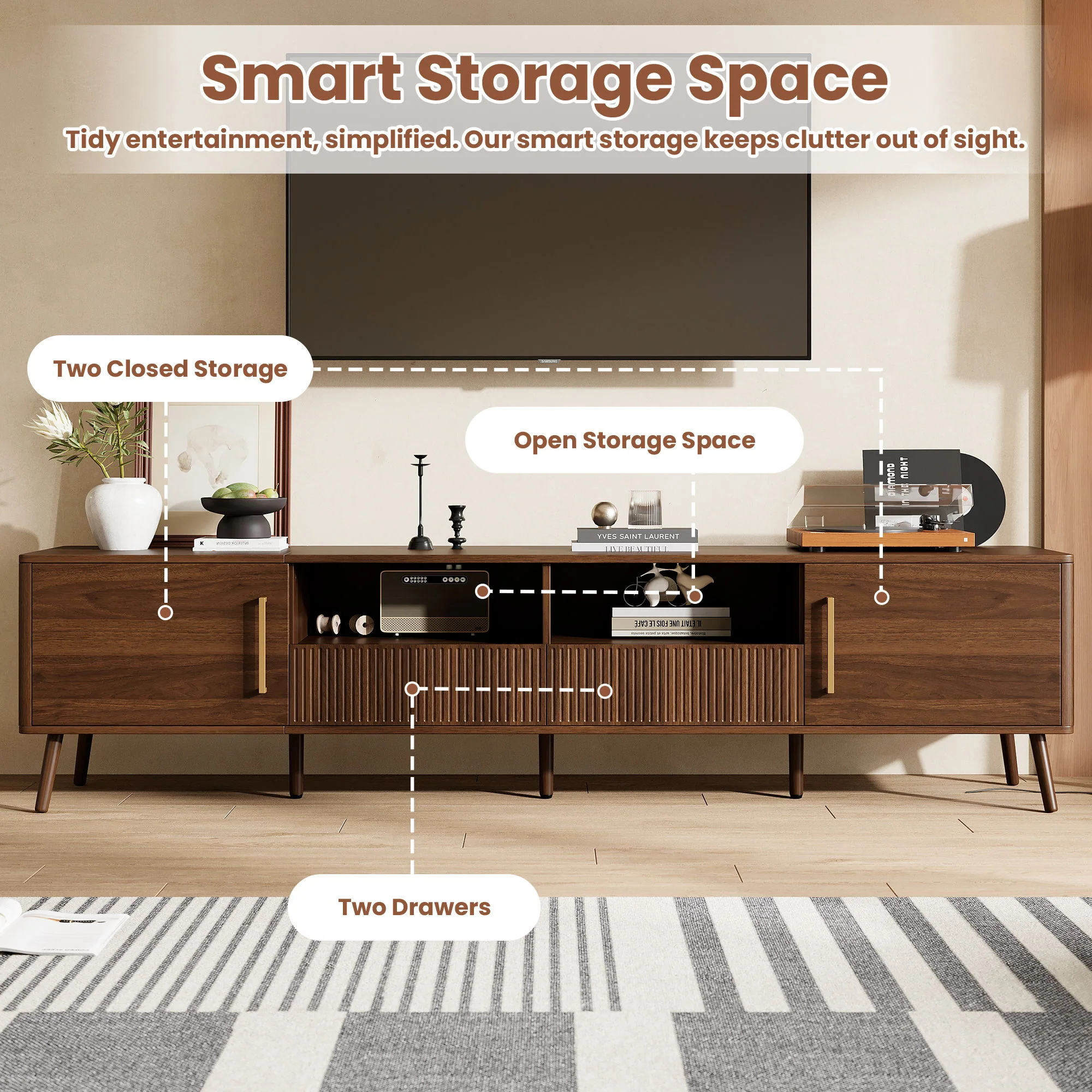 TV Stand For TVs Up To 85" With Soft-Close Doors, Open Shelf, Cable Management - Walnut - Image 5