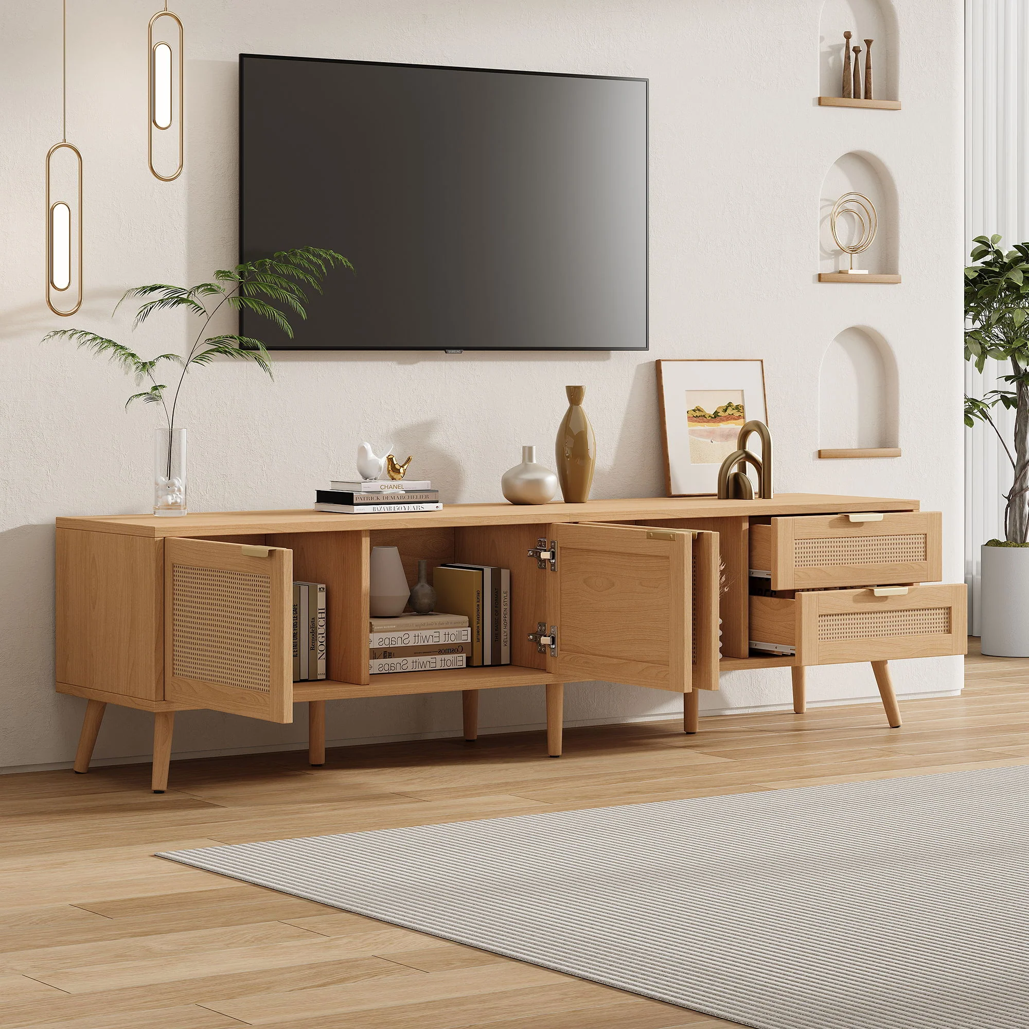TV Stand, Media Console, 2 Drawers & Cable Management - Natural Wood - Image 9