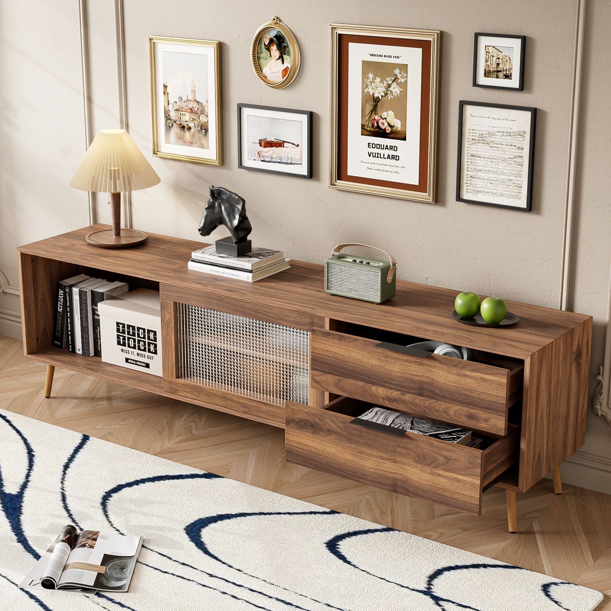 TV Stand, Media Console With 2 Doors, 2 Drawers & Storage Cabinet - Walnut - Image 6