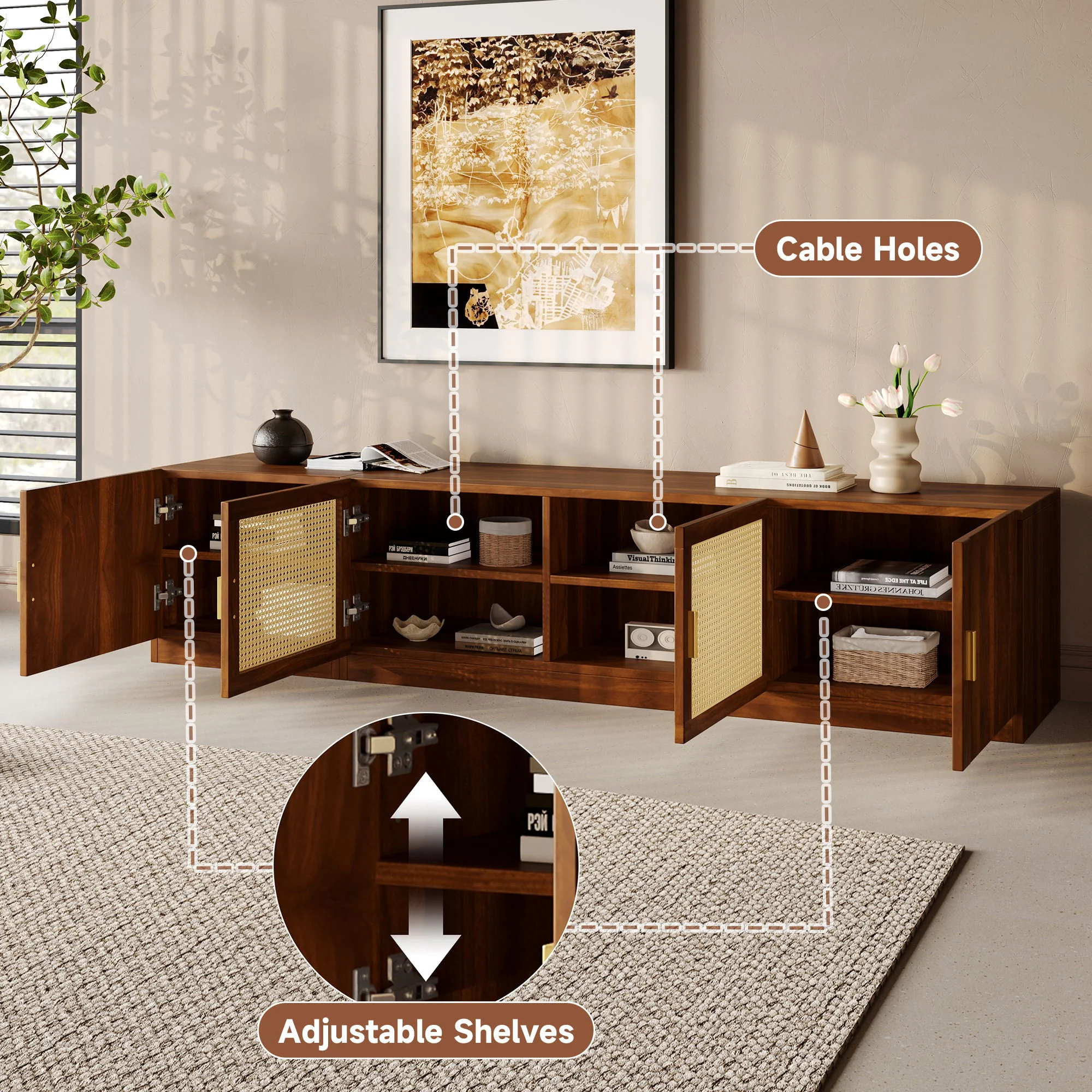 TV Stand, Media Console With Adjustable Shelves - Walnut - Image 2