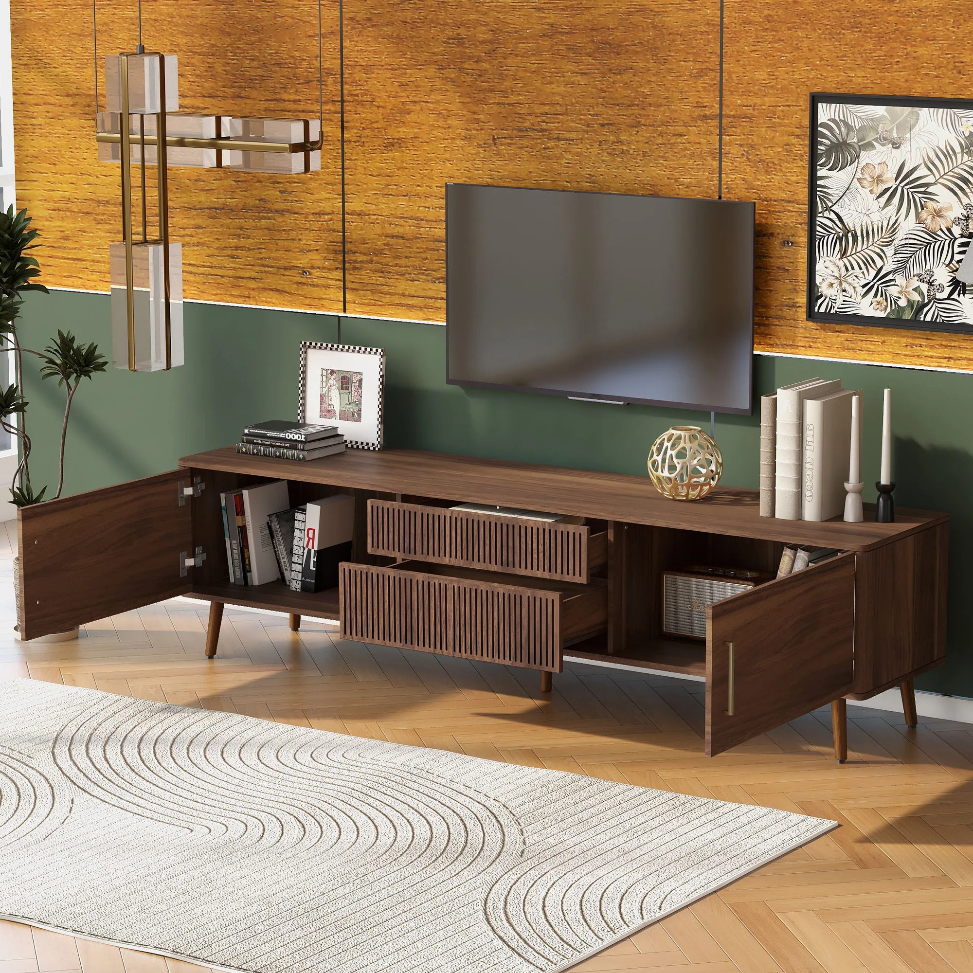 TV Stand With 2 Drawers, Media Console Table For TVs Up To 80'' For Living Room - Walnut - Image 2