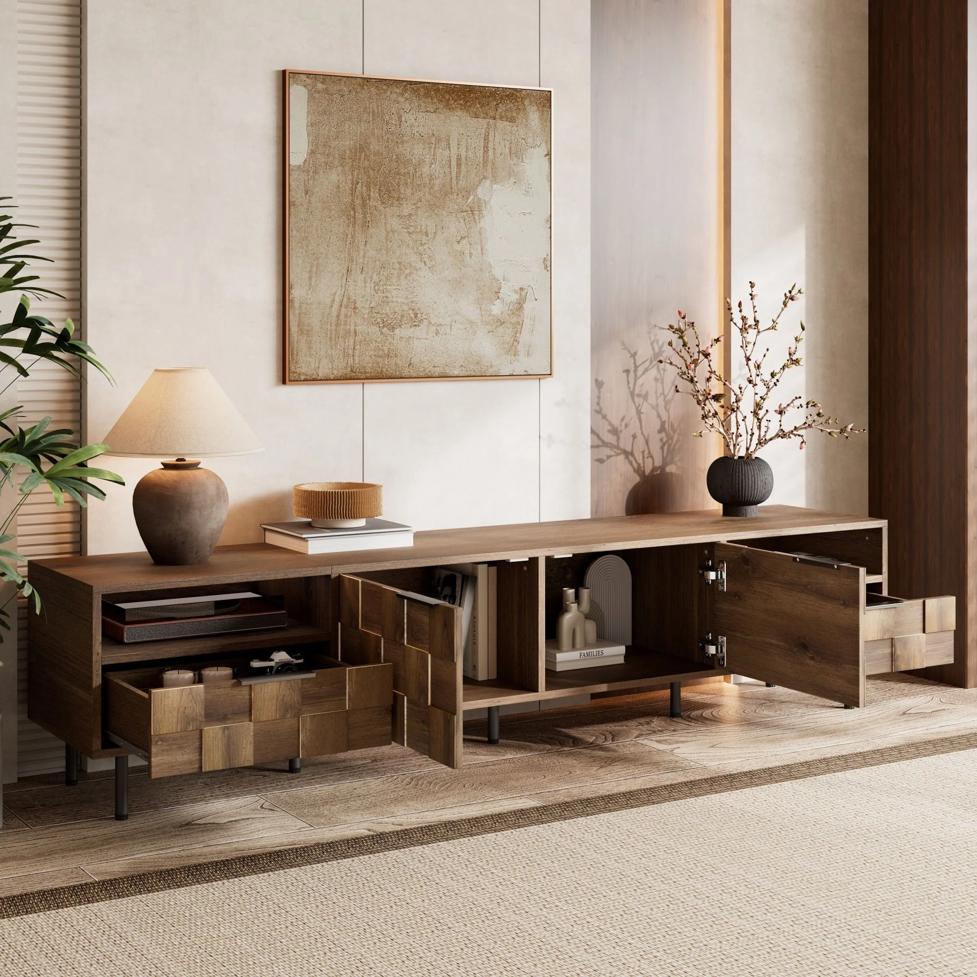 TV Stand With 2 Drawers, Media Console Table For TVs Up To 85'' - Natural - Image 3