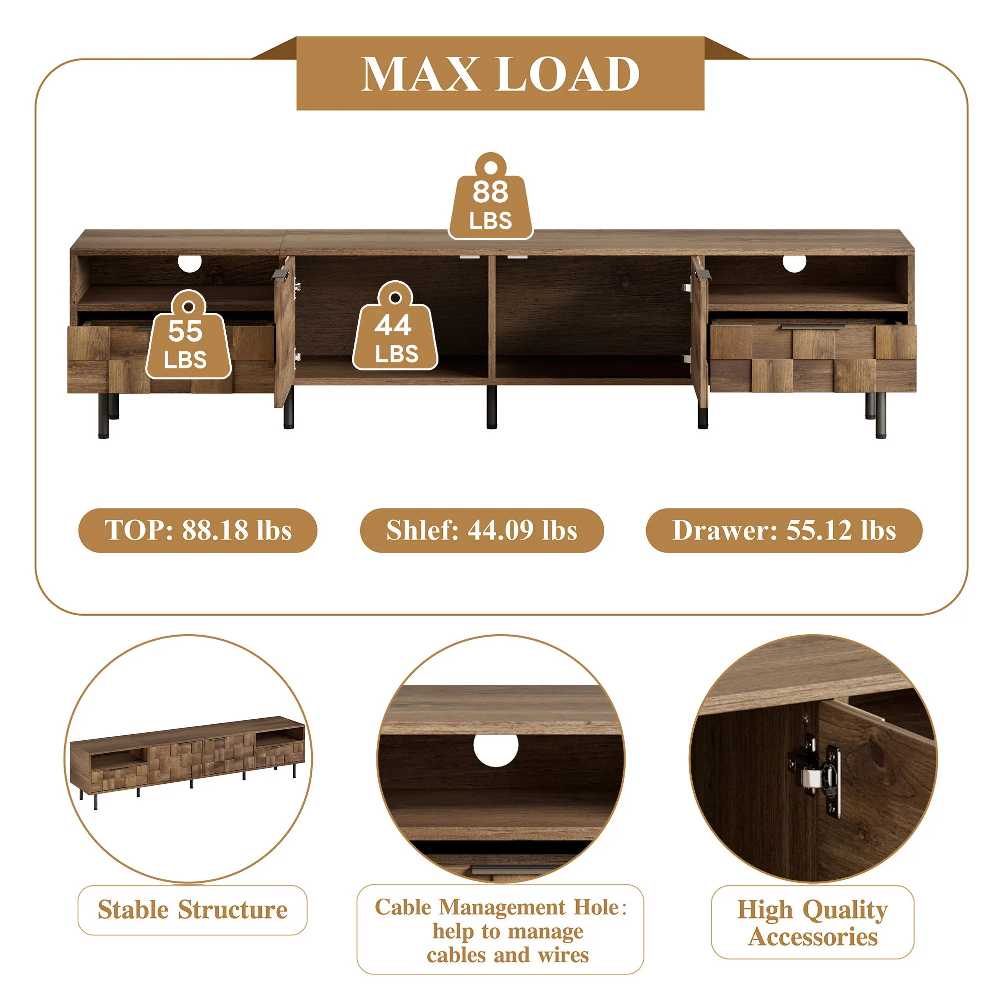 TV Stand With 2 Drawers, Media Console Table For TVs Up To 85'' - Natural - Image 9