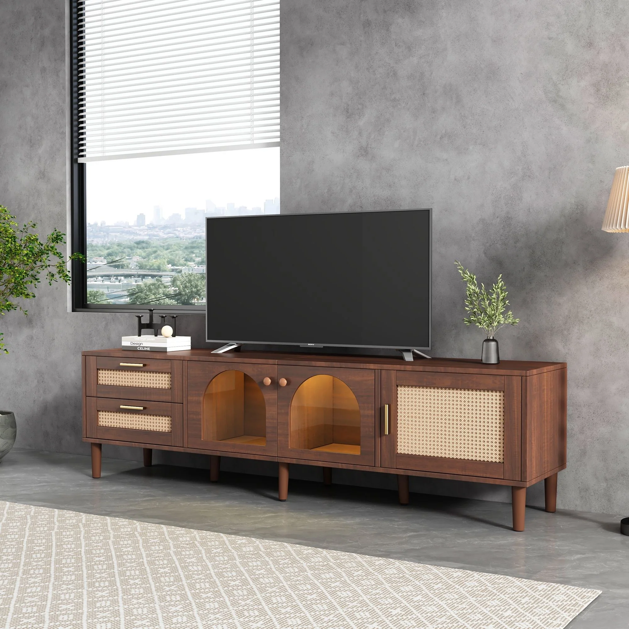 TV Stand With 3 Cabinets & 2 Drawers, LED Light Media Console For TVs Up To 80" - Dark Brown - Image 4