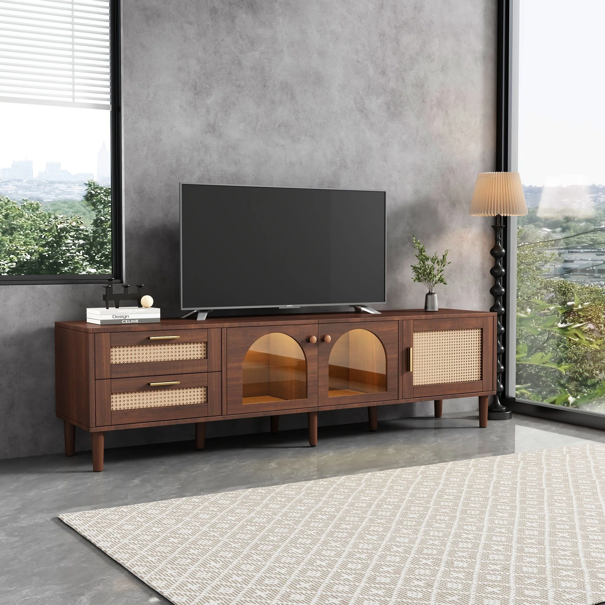 TV Stand With 3 Cabinets & 2 Drawers, LED Light Media Console For TVs Up To 80" - Dark Brown - Image 7