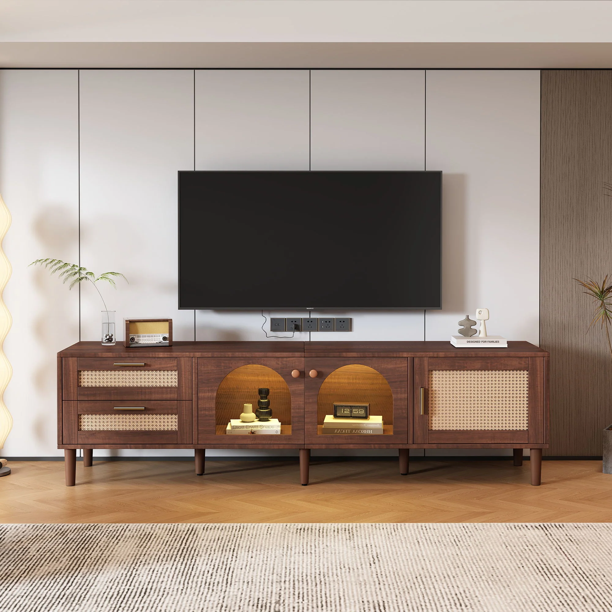 TV Stand With 3 Cabinets & 2 Drawers, LED Light Media Console For TVs Up To 80" - Dark Brown - Image 9