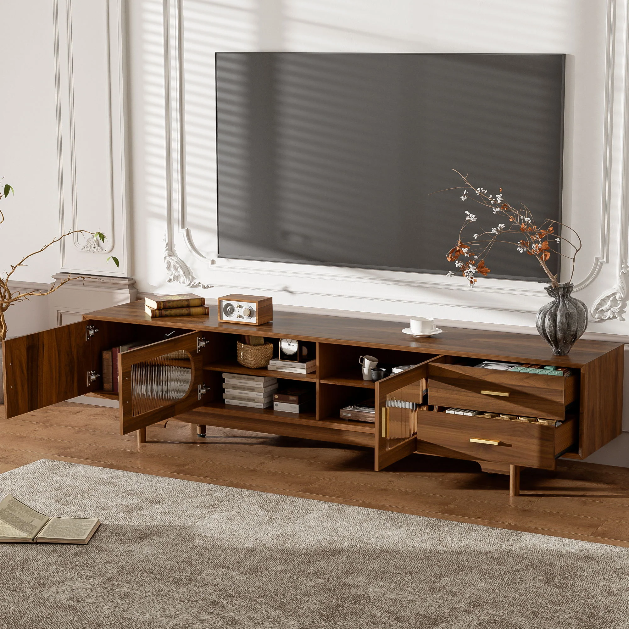TV Stand With Fluted Doors, 2 Drawers - Walnut - Image 2