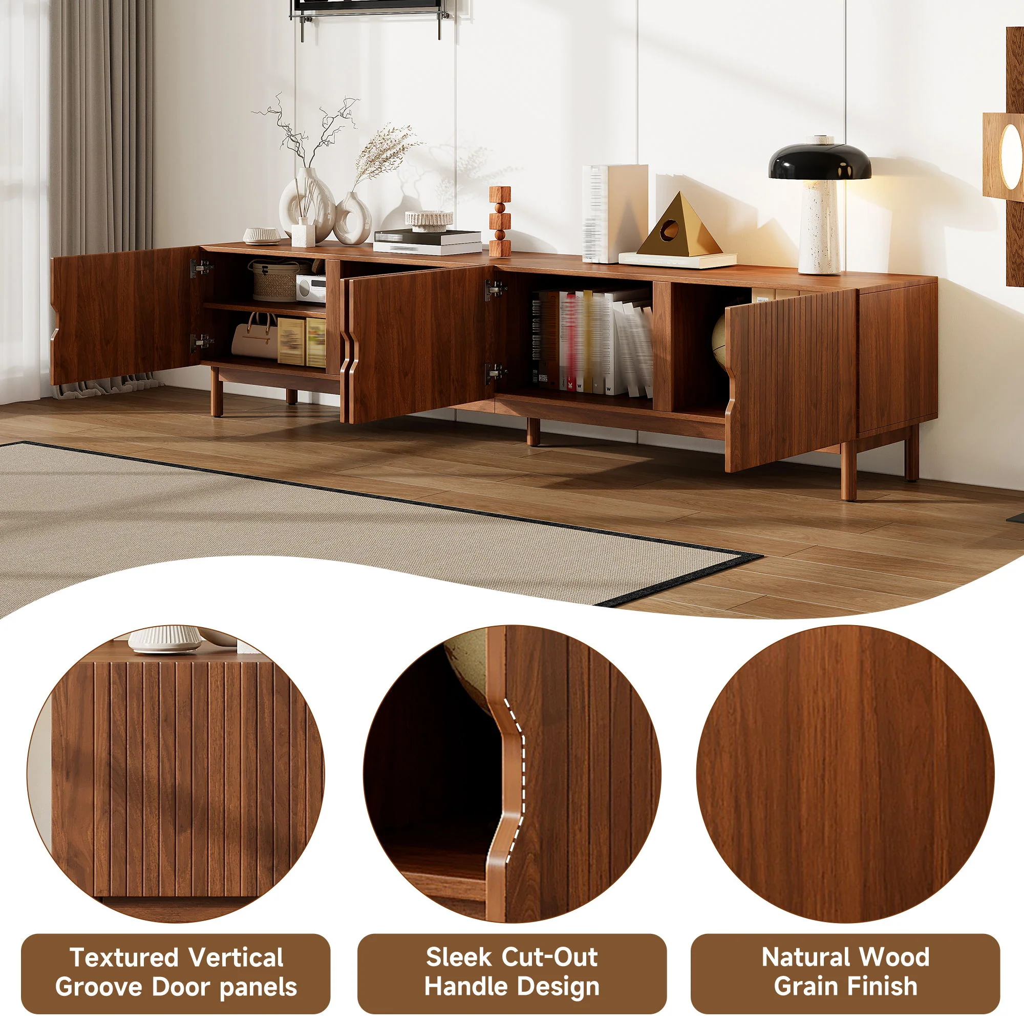 TV Stand With Legs, Media Console, 4 Cabinets For Living Room - Natural Wood - Image 2