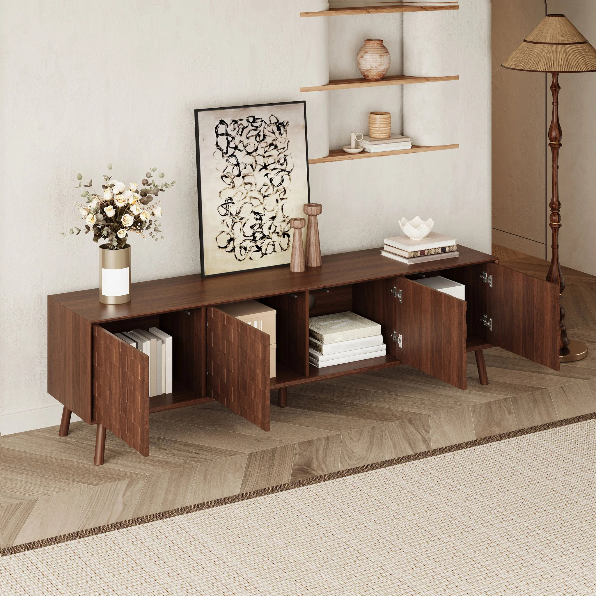 TV Stand With Soft Closing Hinges And Cable Management - Walnut - Image 9