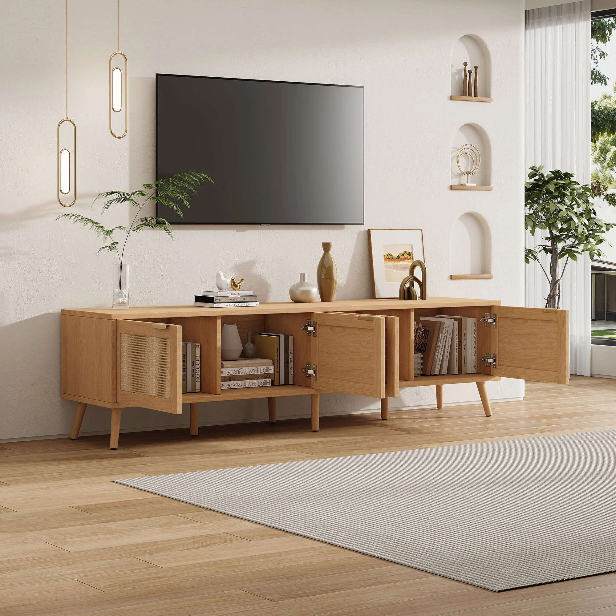 TV Stand With Storage & Cable Holes - Natural Wood - Image 3