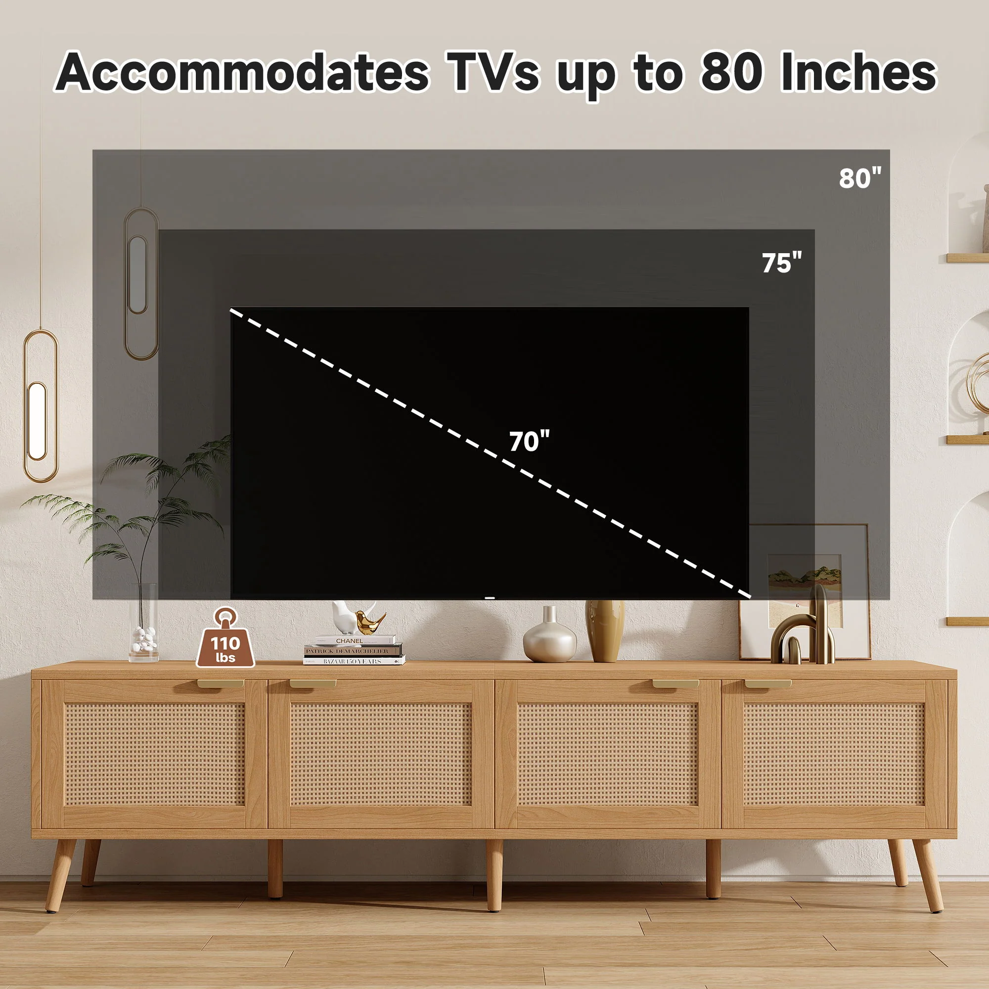 TV Stand With Storage & Cable Holes - Natural Wood - Image 7