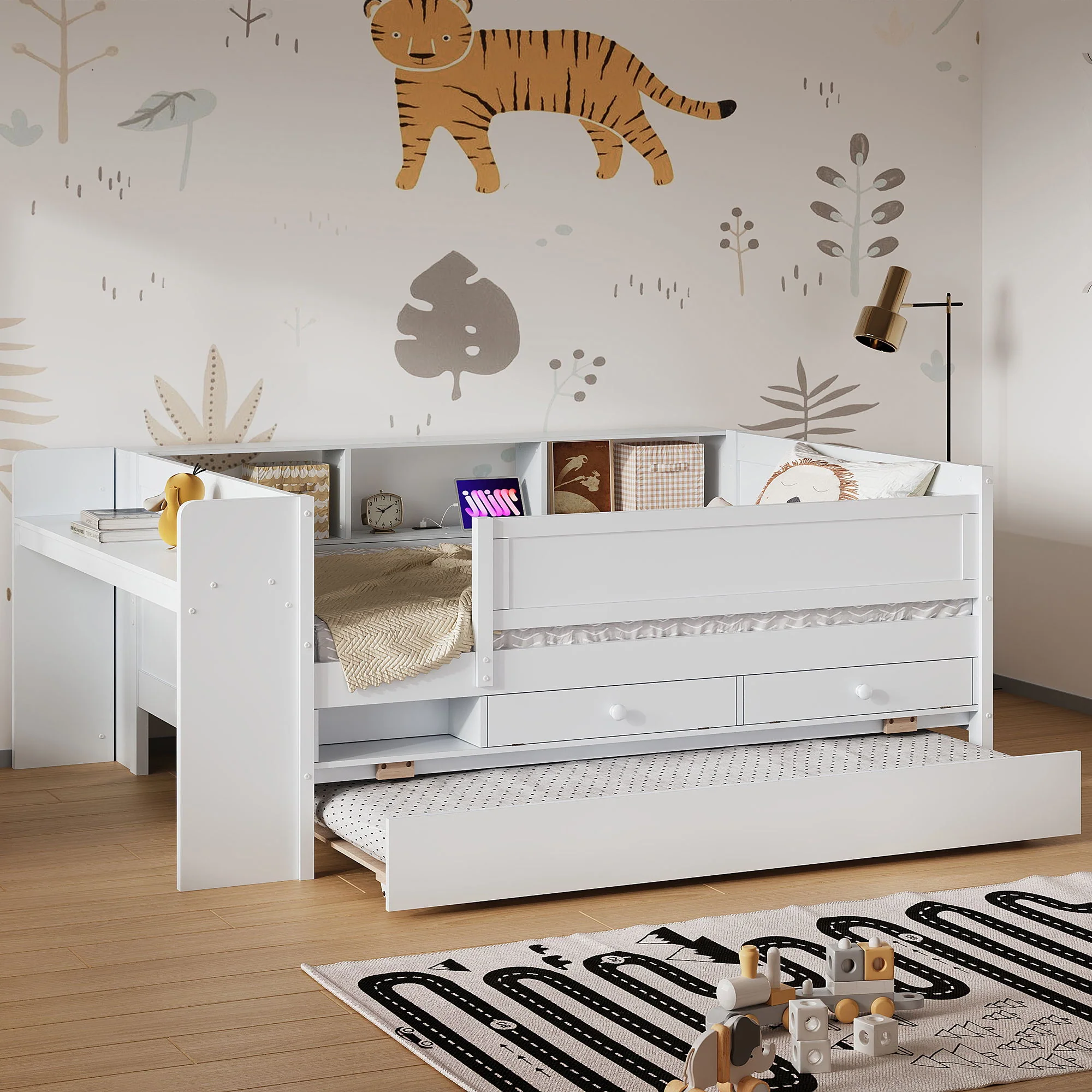 Twin Daybed With Drawers, Trundle, Headboard Storage, Study Desk, And USB Charging Station - White - Image 5