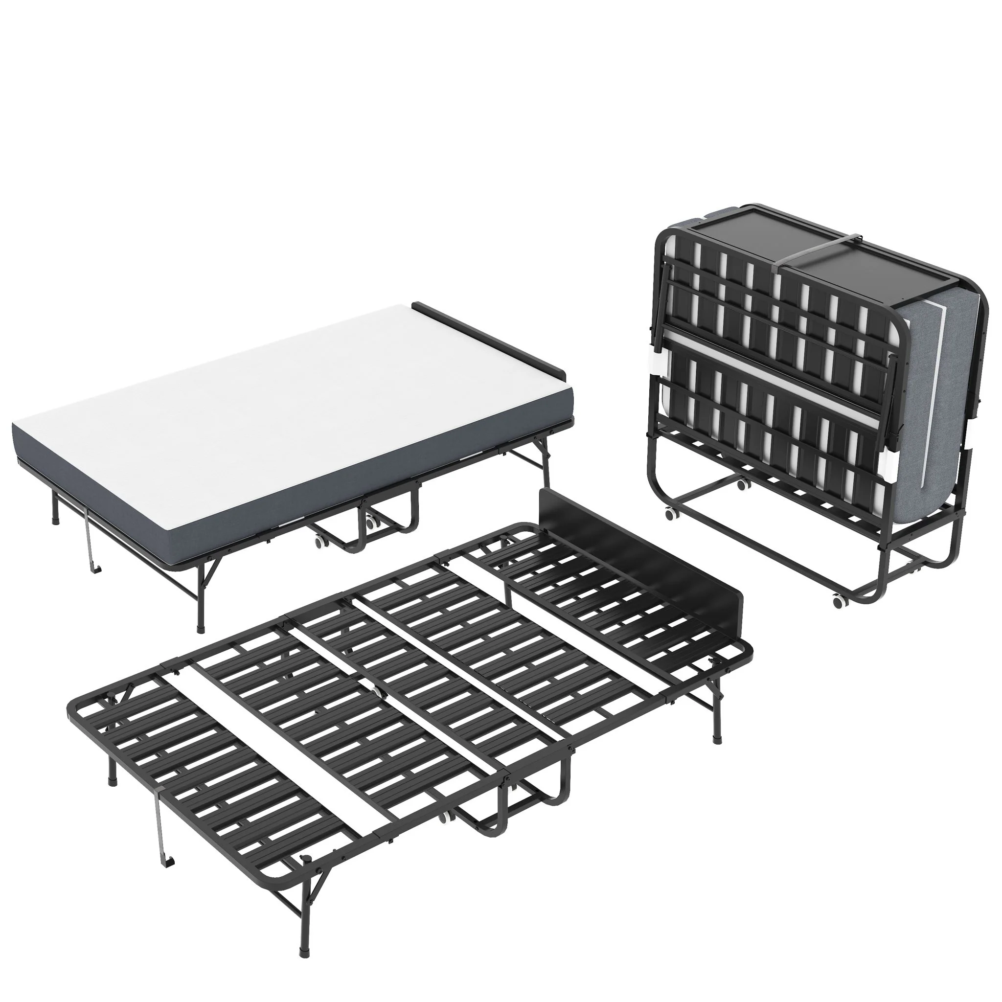 Twin Extra Long Folding Bed With Adjustable Headboard, Cot With Memory Foam Mattress - Black - Image 5