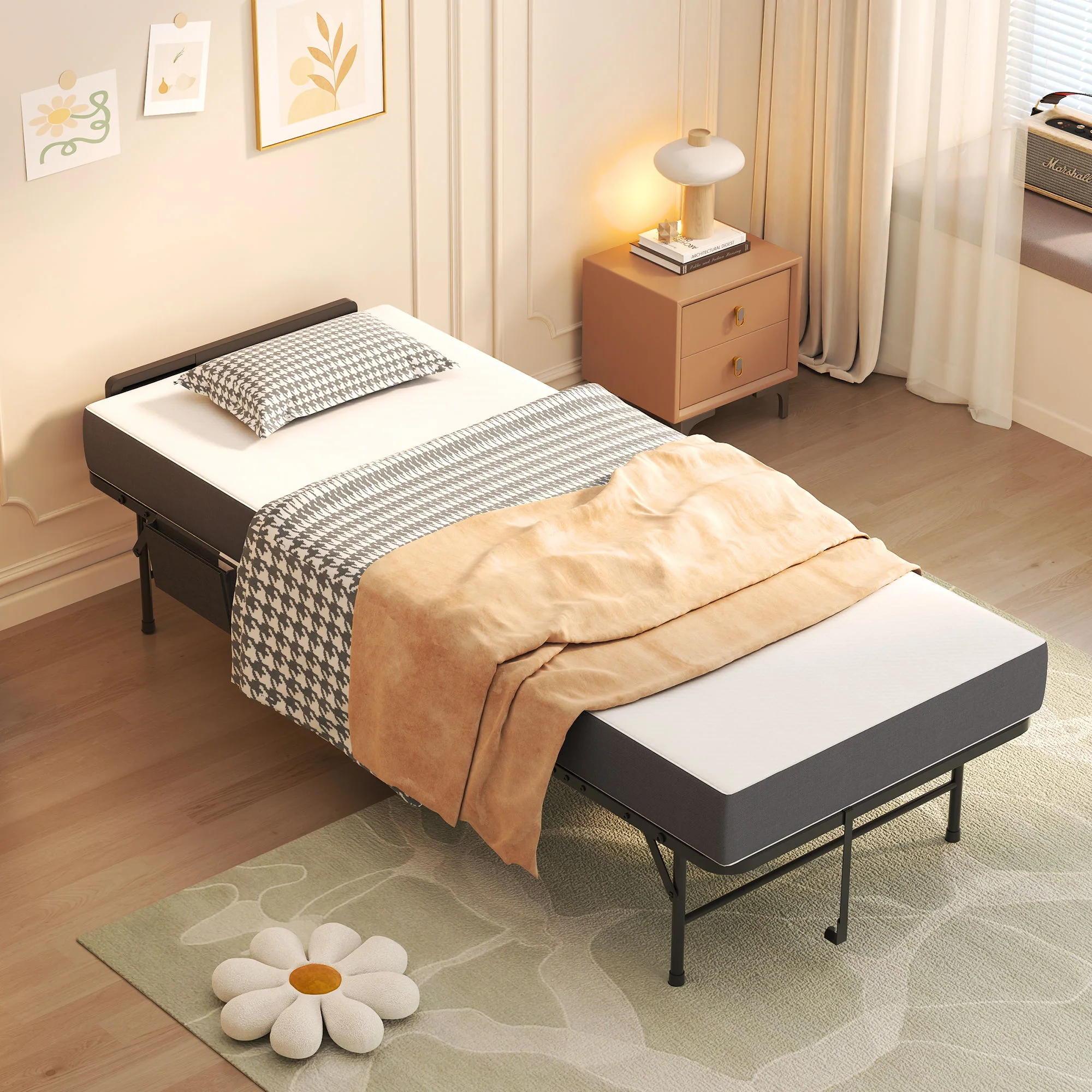 Twin Folding Bed With Adjustable Headboard & Memory Foam, Space Saving Rollaway Guest For Tall People, Portable On Wheels, Easy Assembly - Black - Image 3