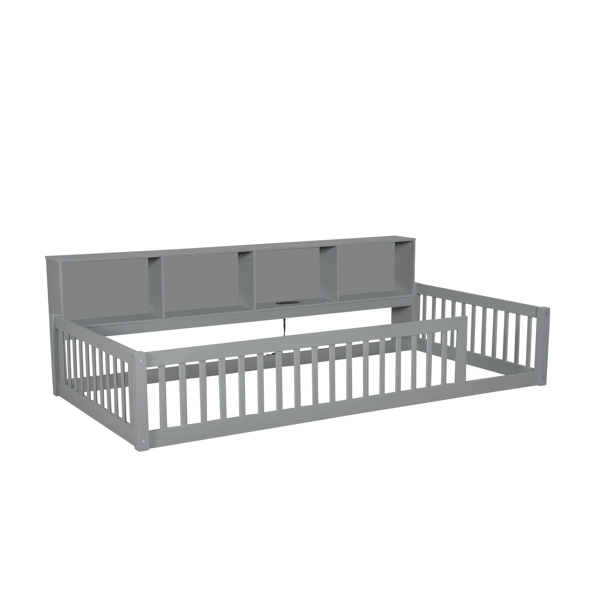 Twin Long Floor Bed With Storage Cabinets And USB Ports - Gray - Image 3