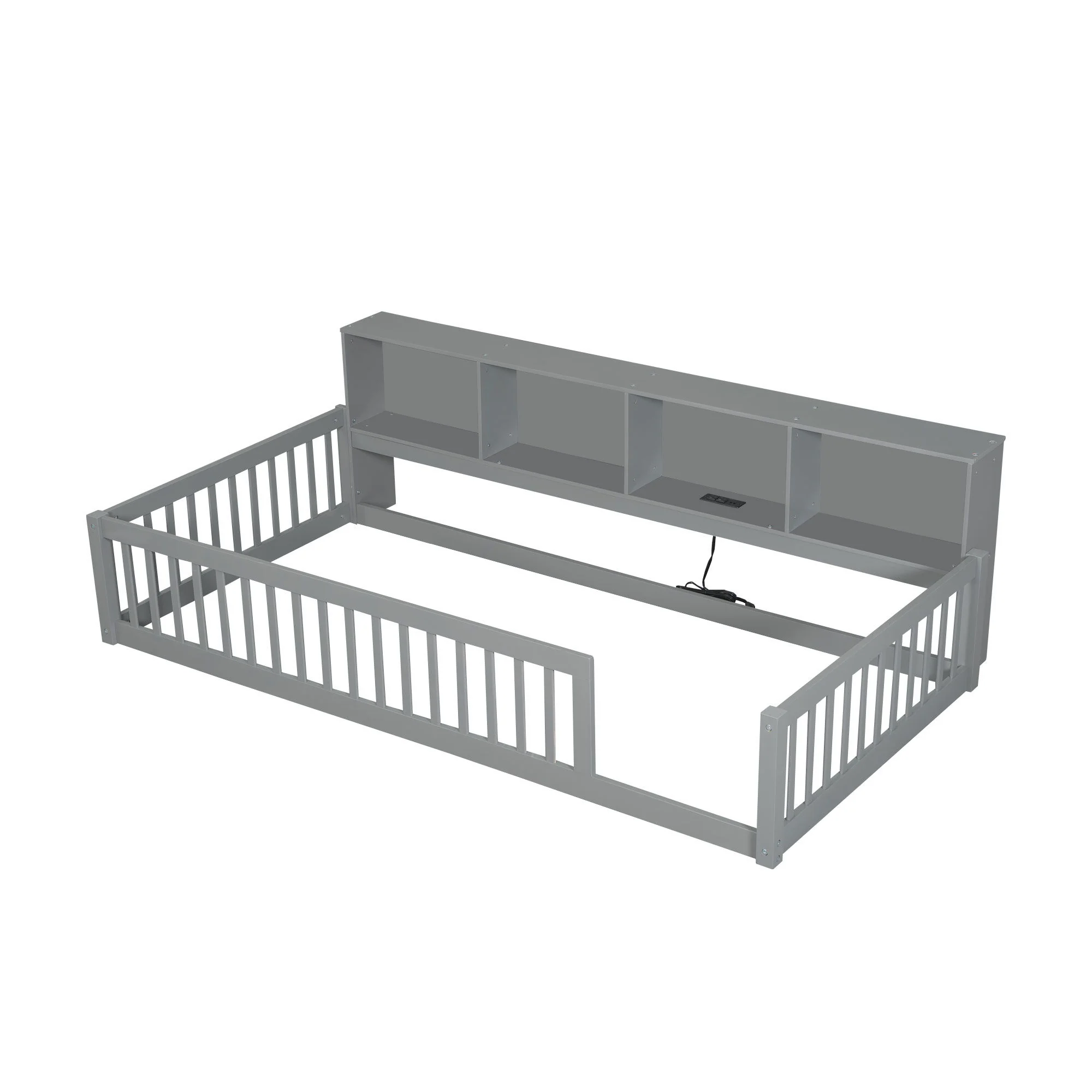 Twin Long Floor Bed With Storage Cabinets And USB Ports - Gray - Image 4