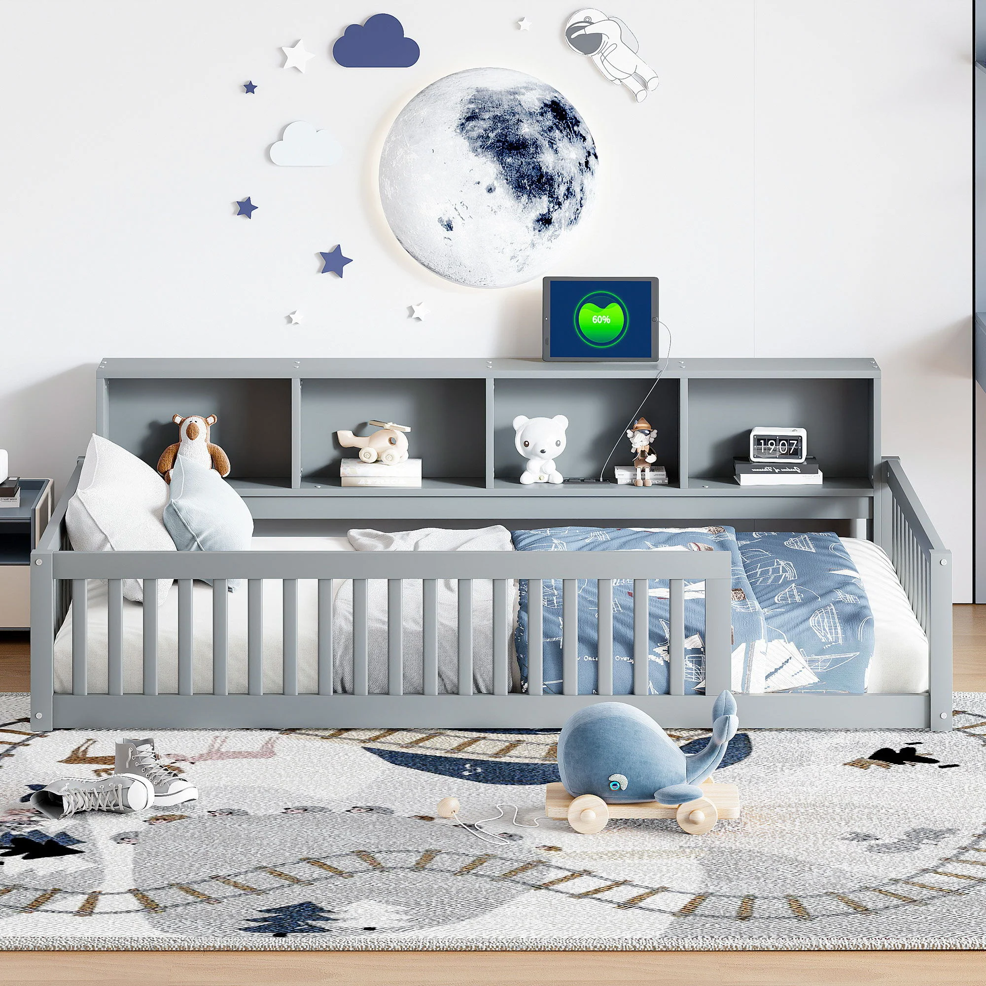 Twin Long Floor Bed With Storage Cabinets And USB Ports - Gray - Image 9