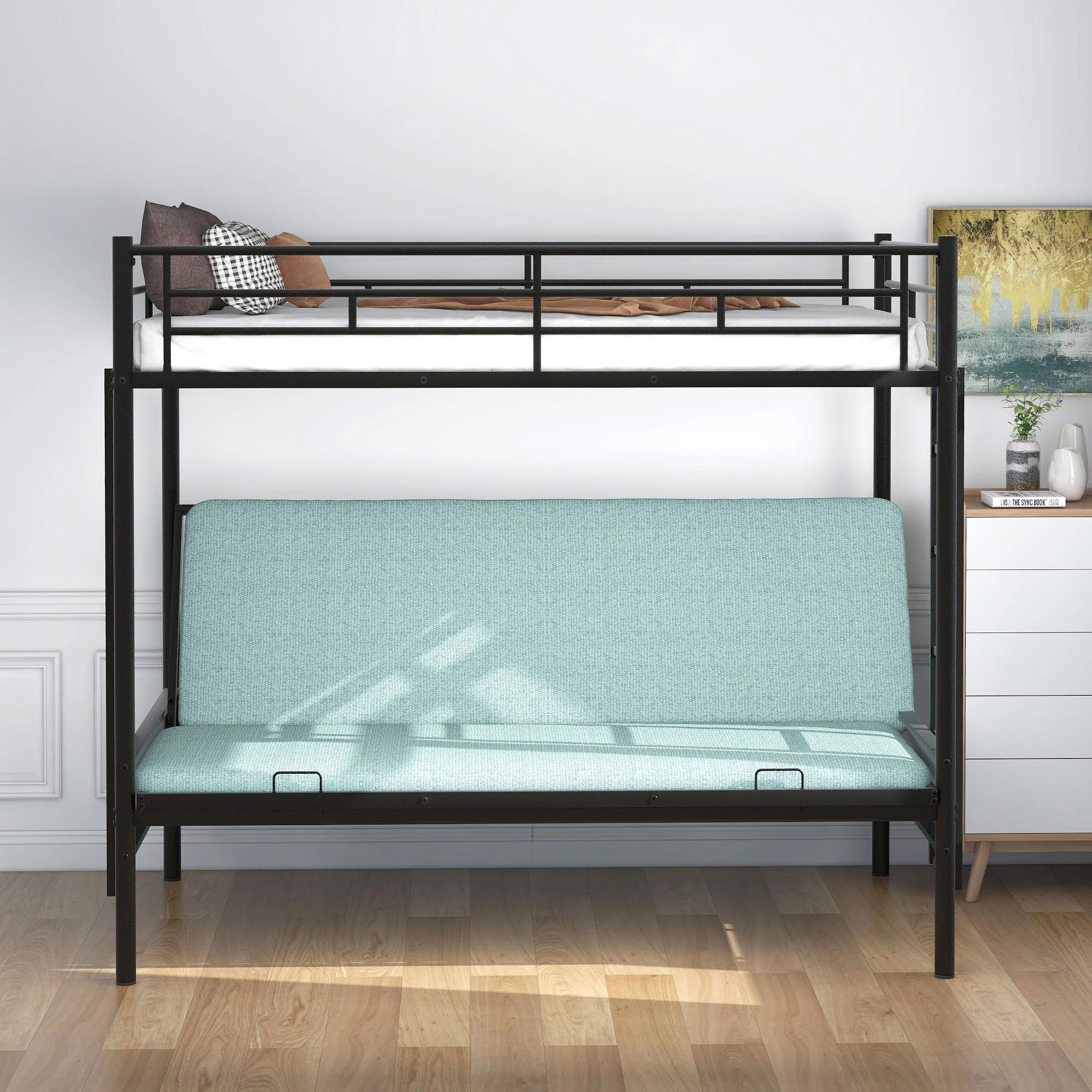 Twin Over Full Bunk Bed, Multifunction - Black - Image 4