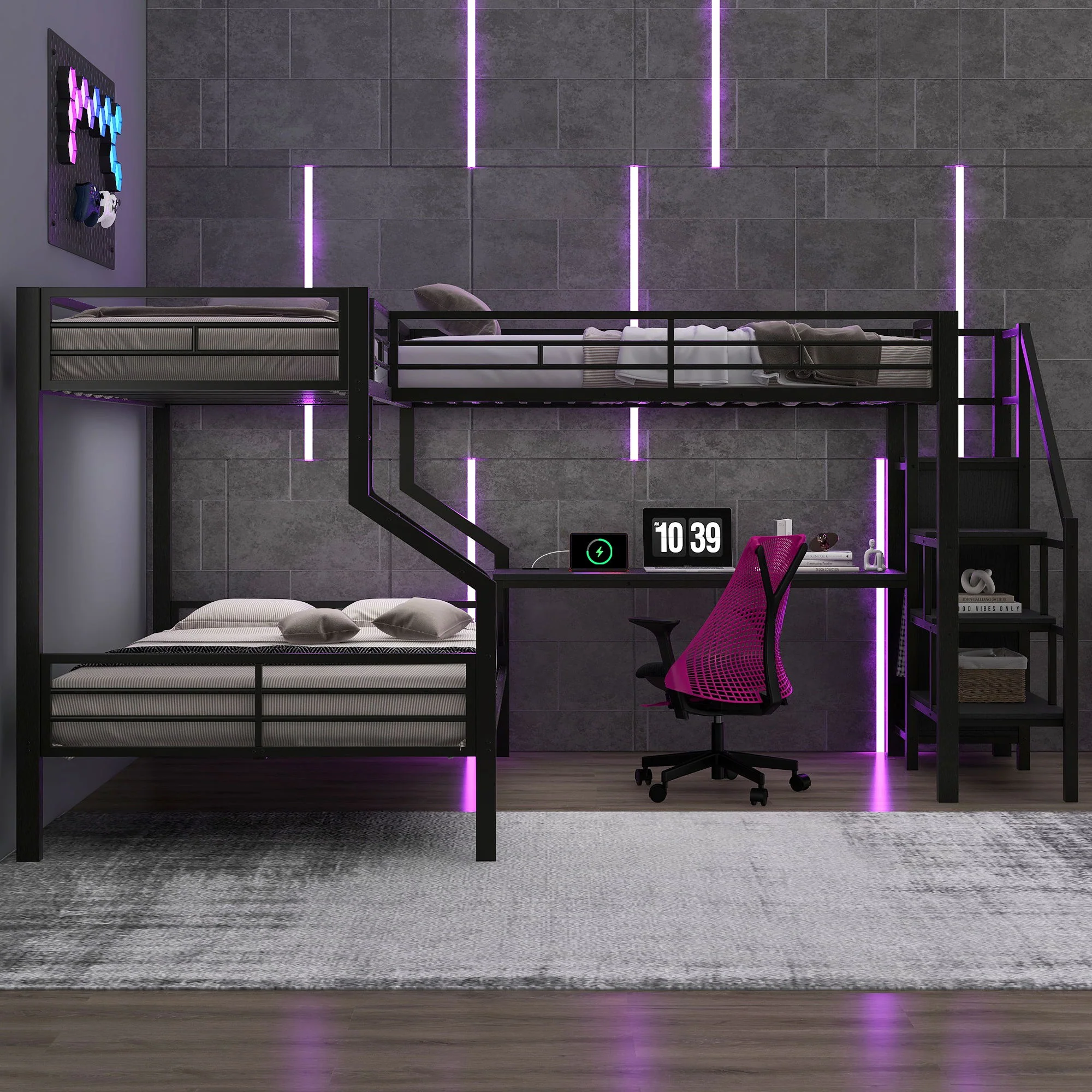 Twin Over Full L Shaped Bunk & Loft Bed With Built-In Wardrobe, Desk, And USB Ports - Black - Image 3