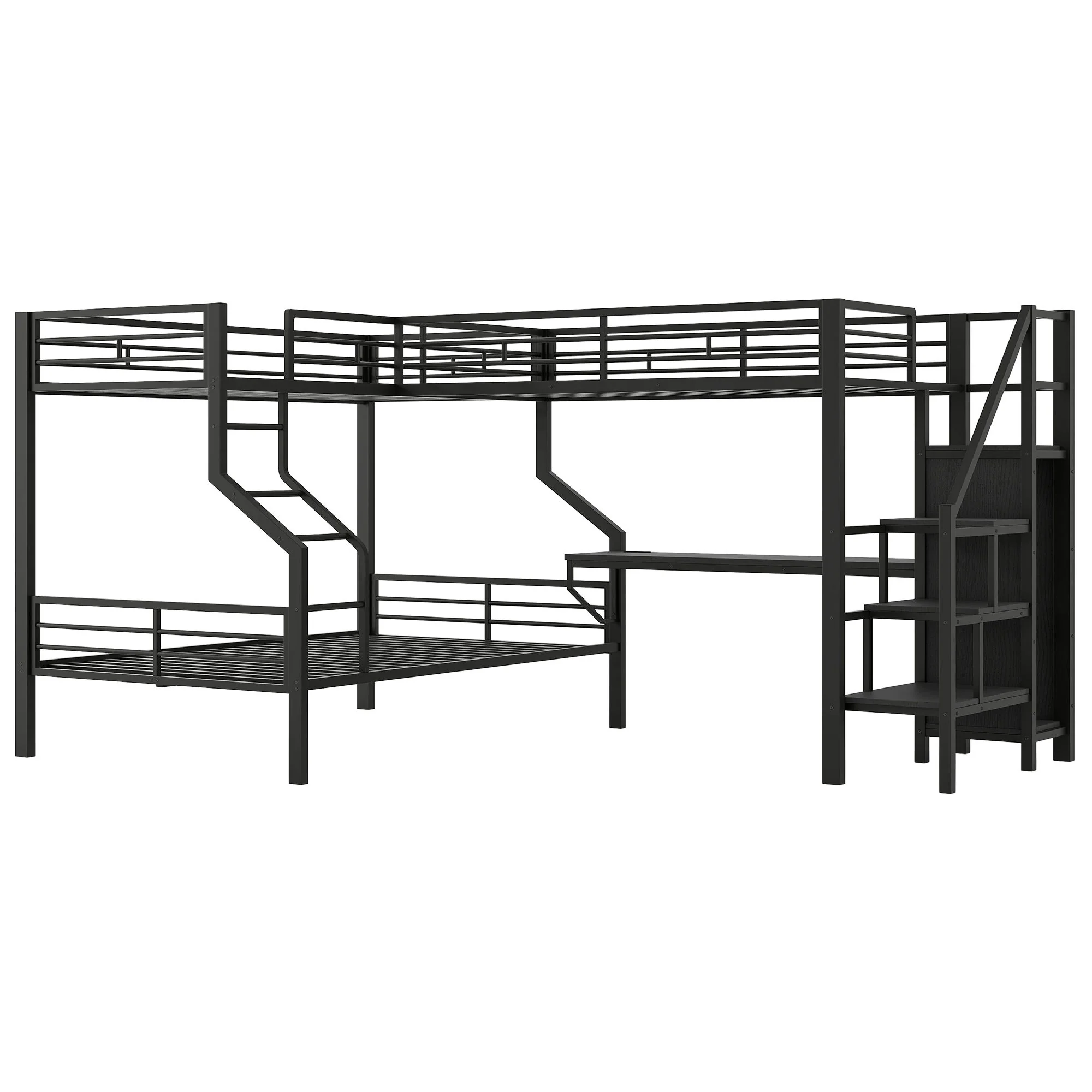 Twin Over Full L Shaped Bunk & Loft Bed With Built-In Wardrobe, Desk, And USB Ports - Black - Image 4