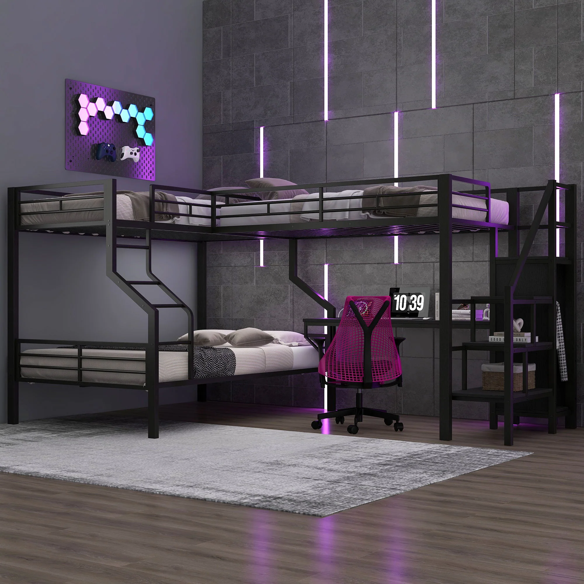 Twin Over Full L Shaped Bunk & Loft Bed With Built-In Wardrobe, Desk, And USB Ports - Black - Image 7