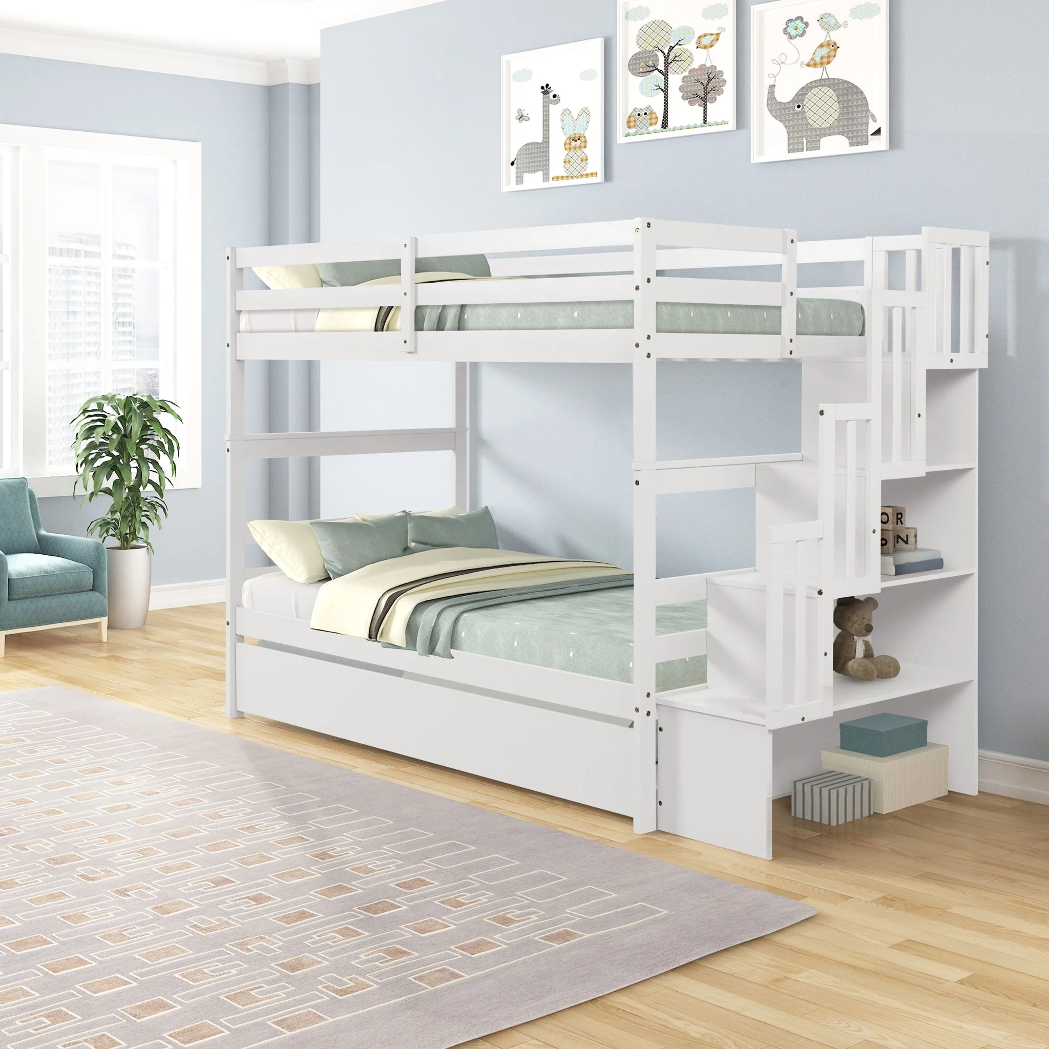 Twin Over Twin Bunk Beds With Twin Trundle And Stairway Storage Function - Image 4