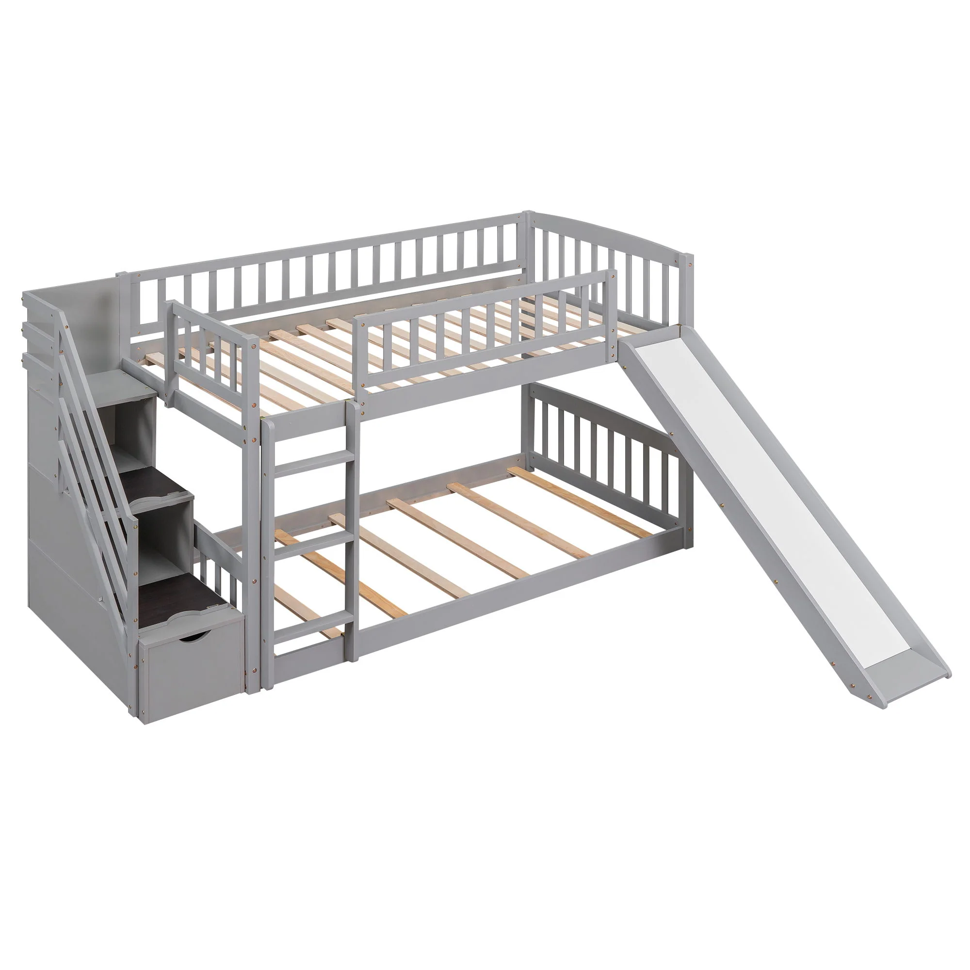 Twin Over Twin Bunk Stairway Bed With 2 Drawers And Slide - Gray - Image 2