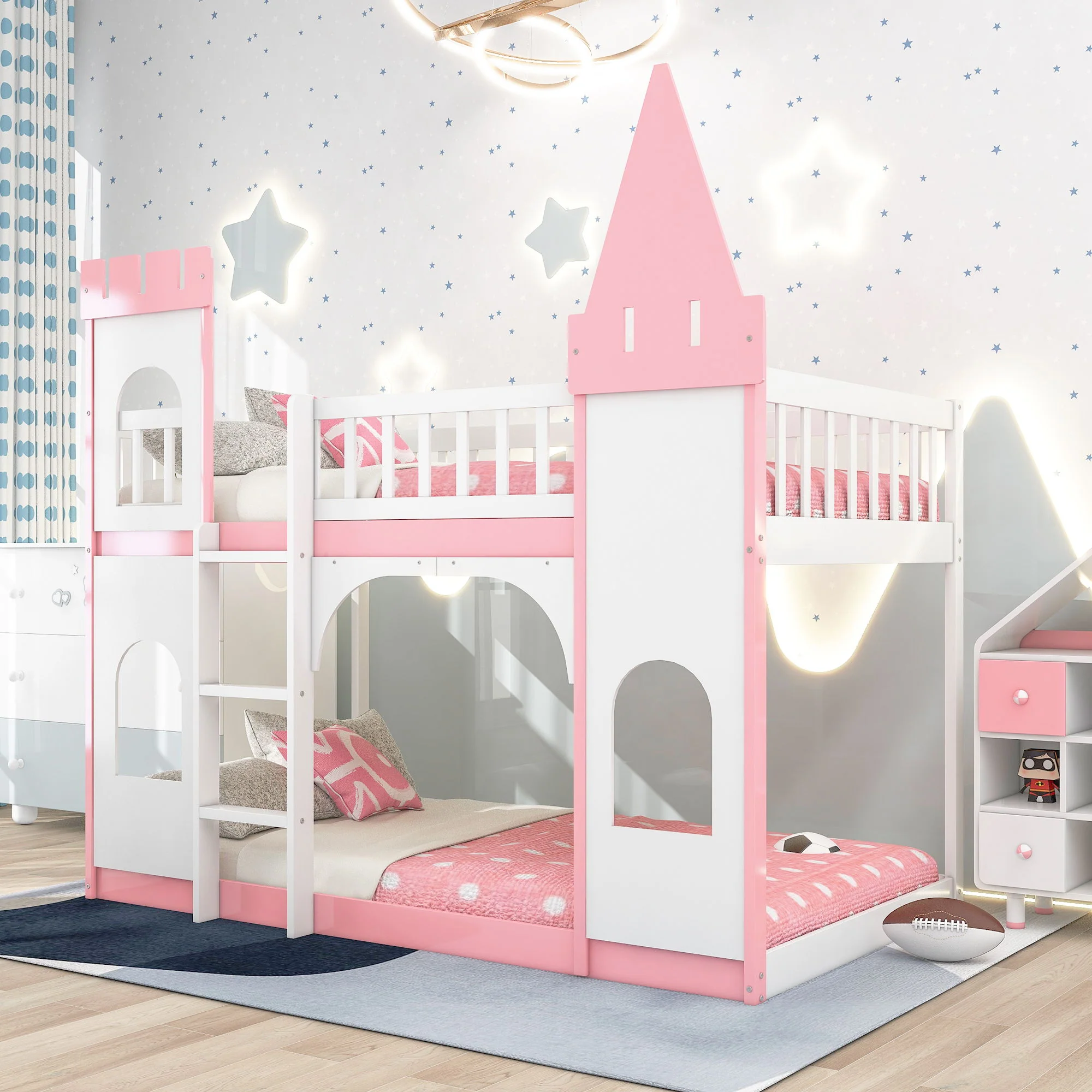 Twin Over Twin Castle Bunk Bed With Ladder - Pink - Image 6