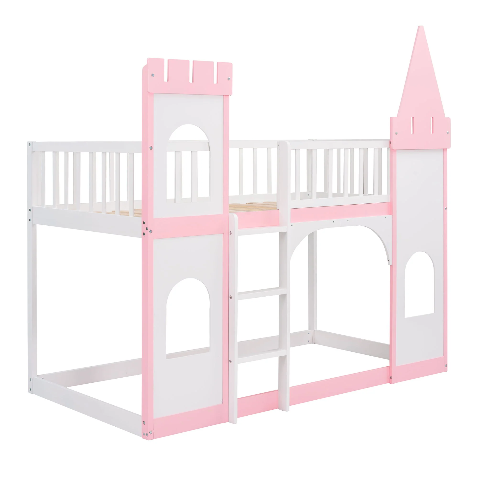 Twin Over Twin Castle Bunk Bed With Ladder - Pink - Image 9