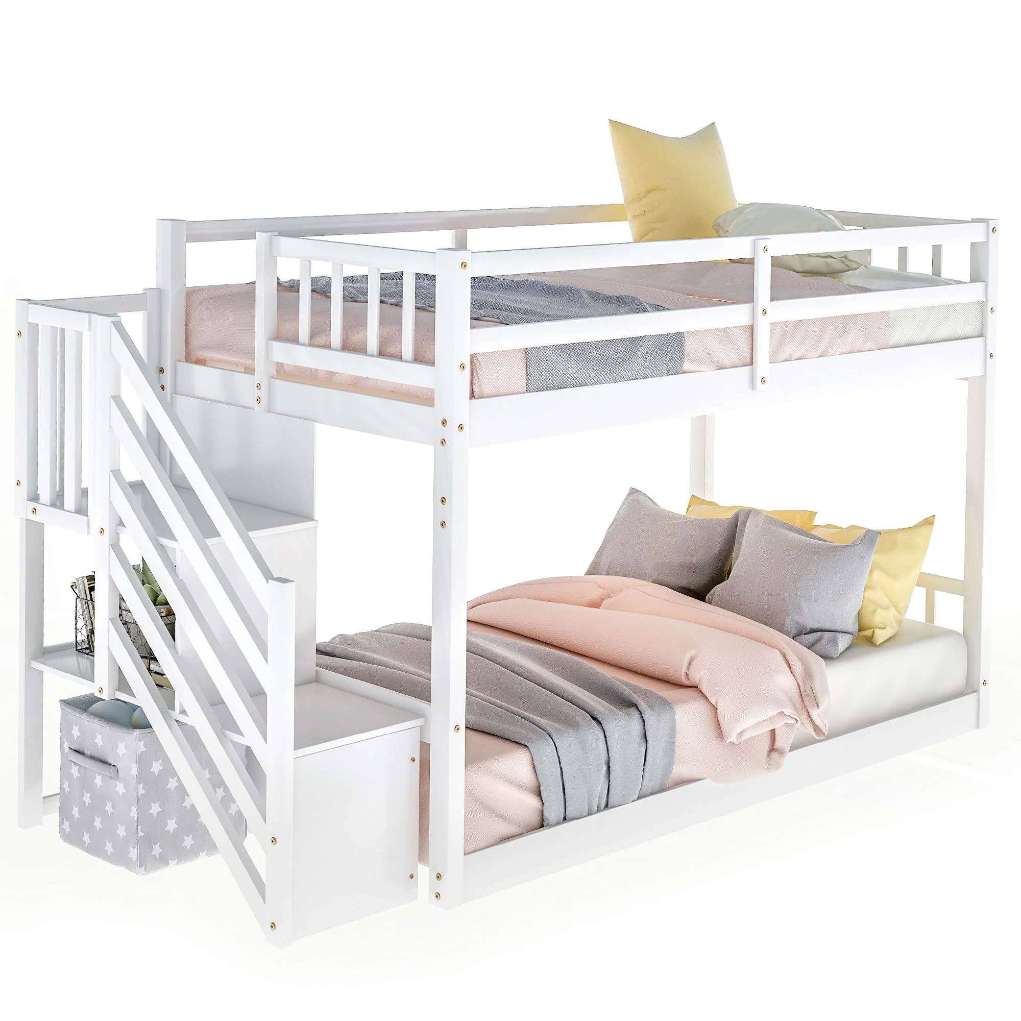 Twin Over Twin Floor Bunk Bed, Ladder With Storage - Image 12