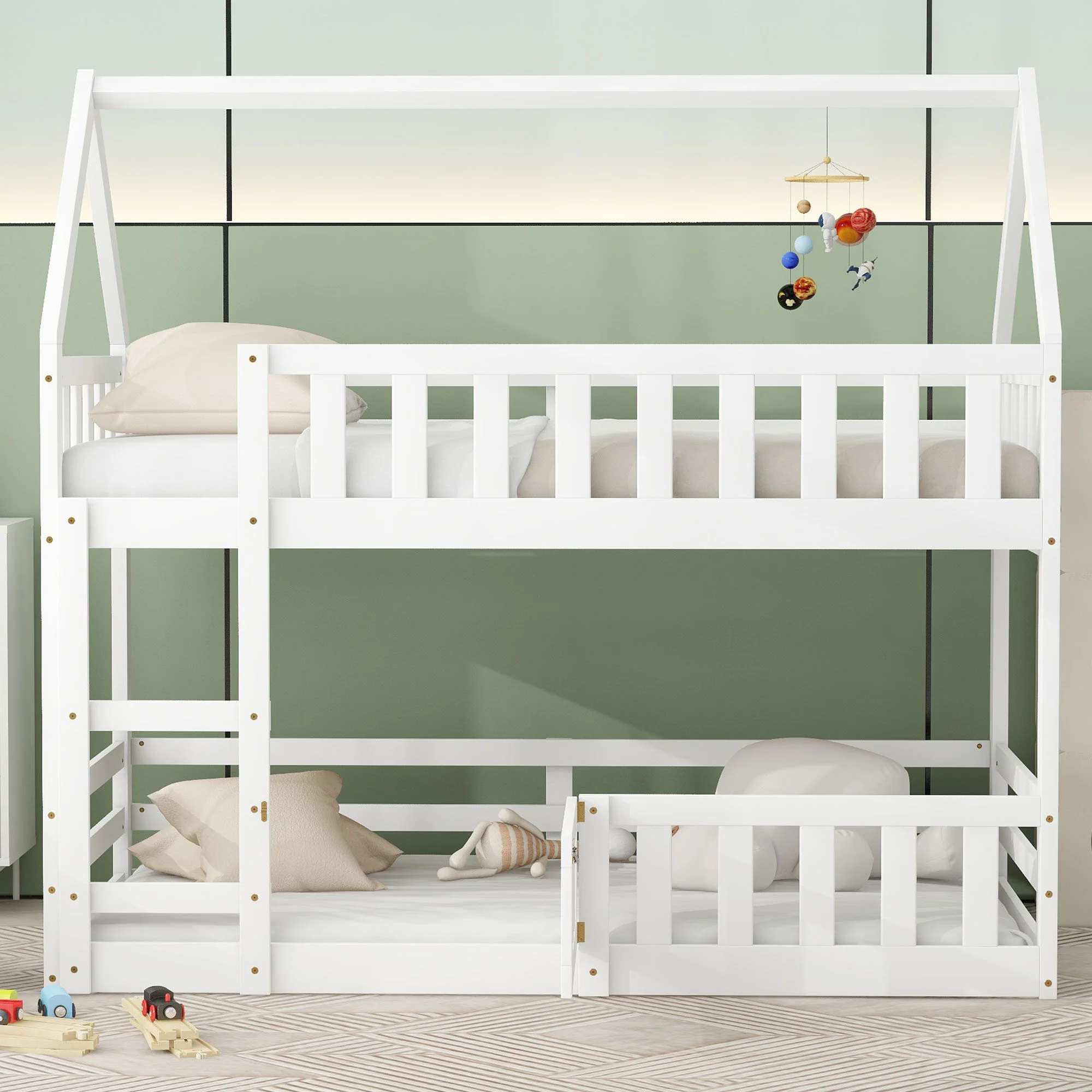 Twin Over Twin House Bunk Bed With Fence And Door - Image 10