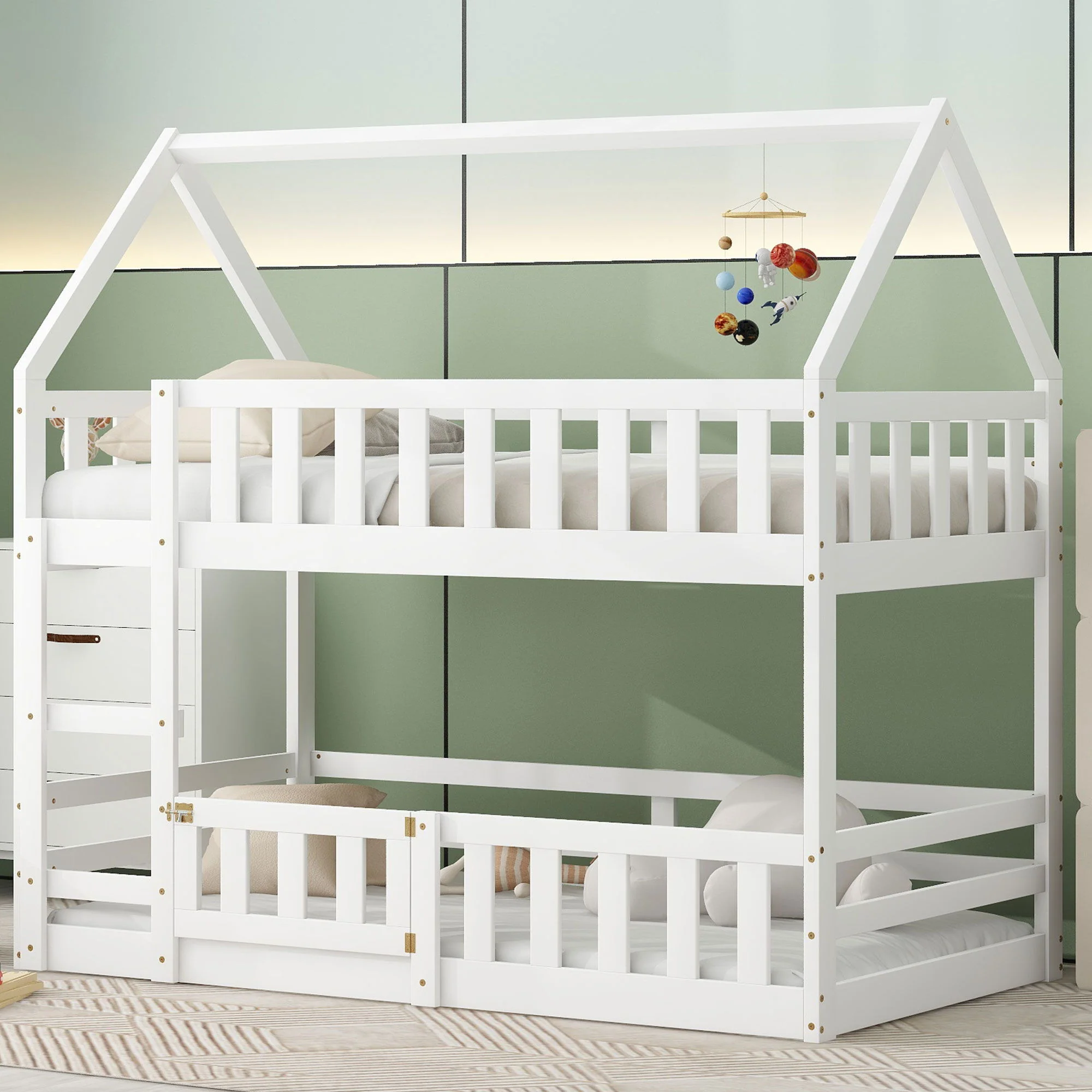 Twin Over Twin House Bunk Bed With Fence And Door - Image 12