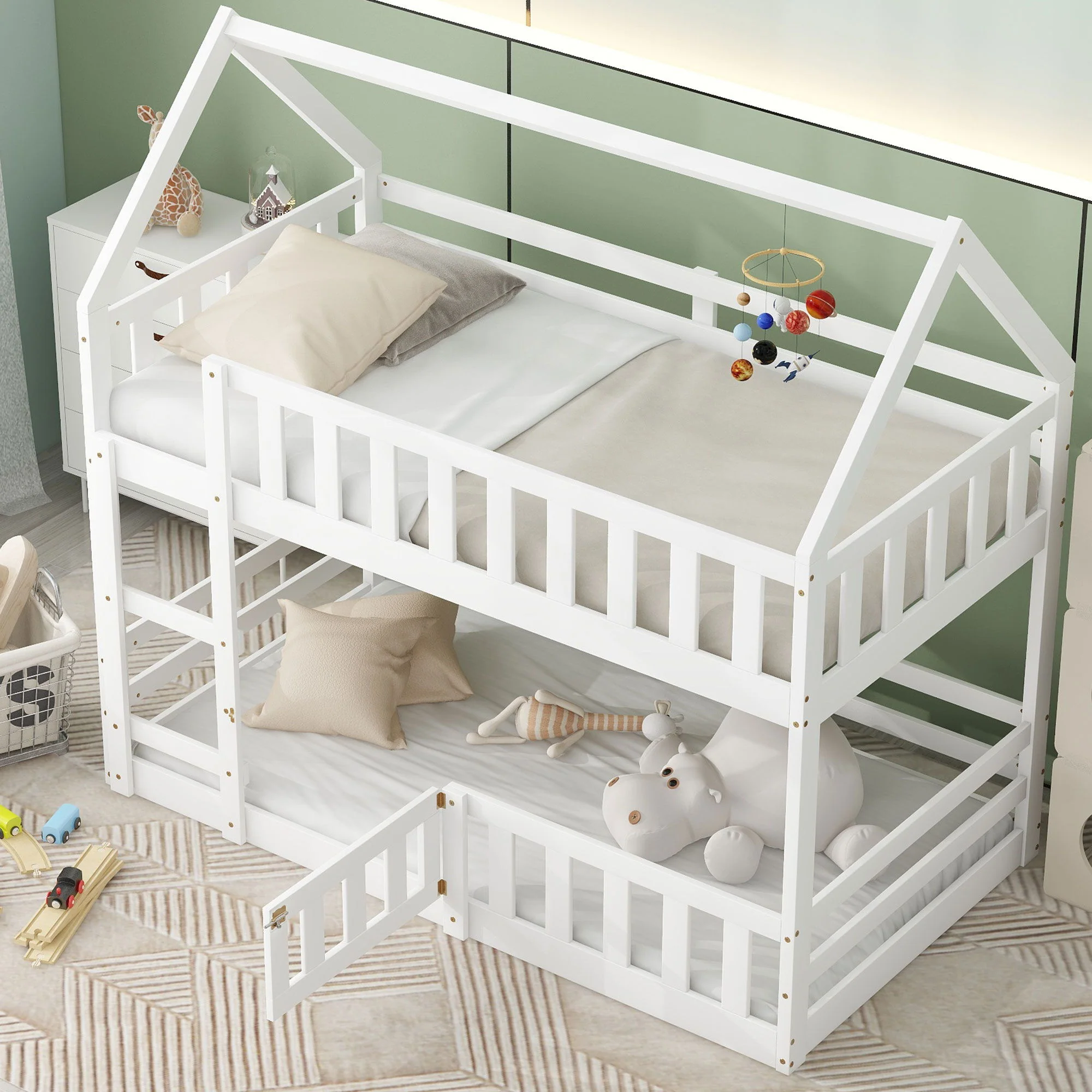 Twin Over Twin House Bunk Bed With Fence And Door - Image 13