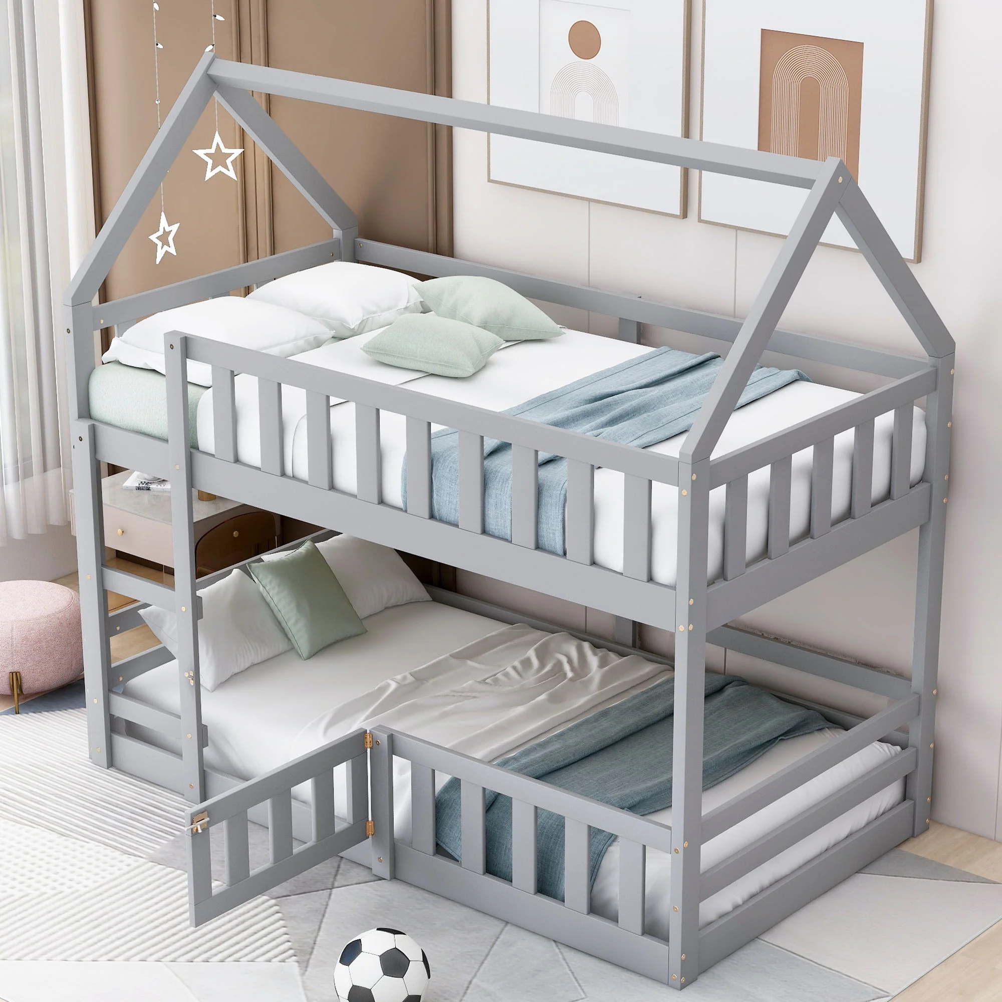 Twin Over Twin House Bunk Bed With Fence And Door - Image 7