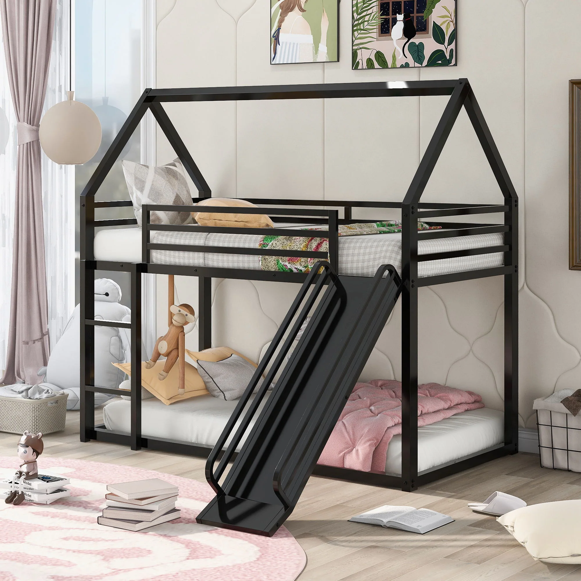 Twin Over Twin House Bunk Bed With Ladder And Slide - Image 5