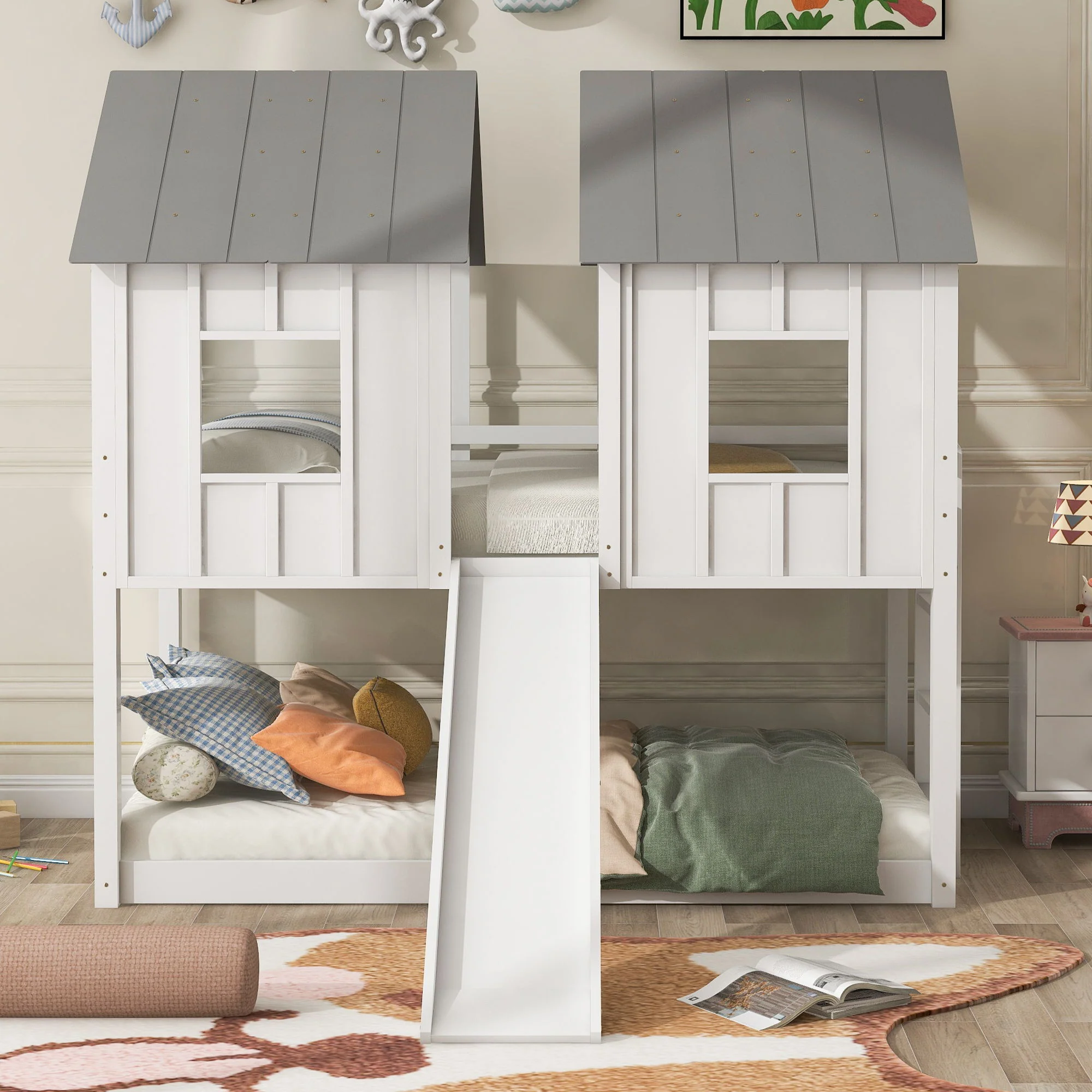 Twin Over Twin House Bunk Bed With Slide And Windows - White / Gray - Image 6