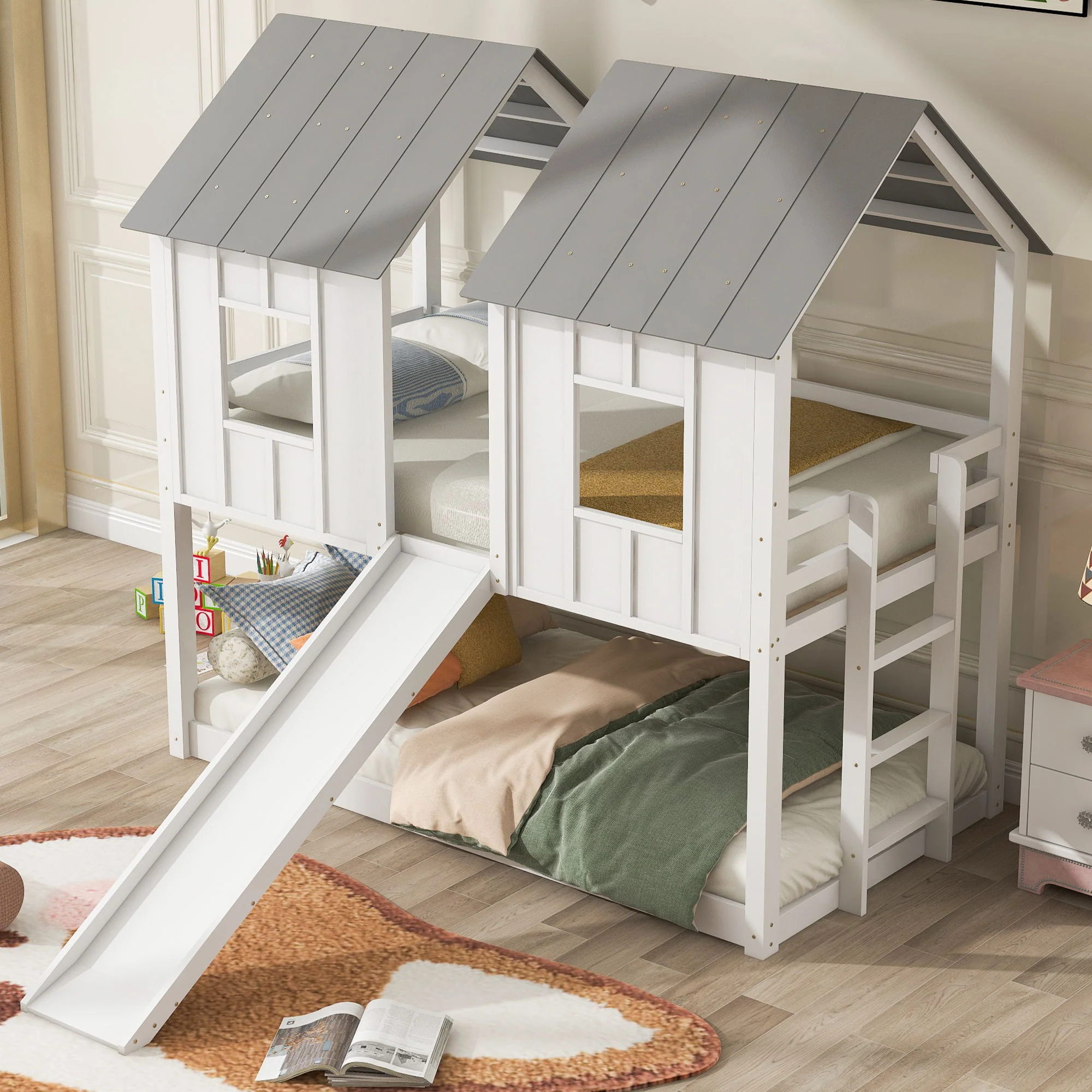 Twin Over Twin House Bunk Bed With Slide And Windows - White / Gray - Image 8