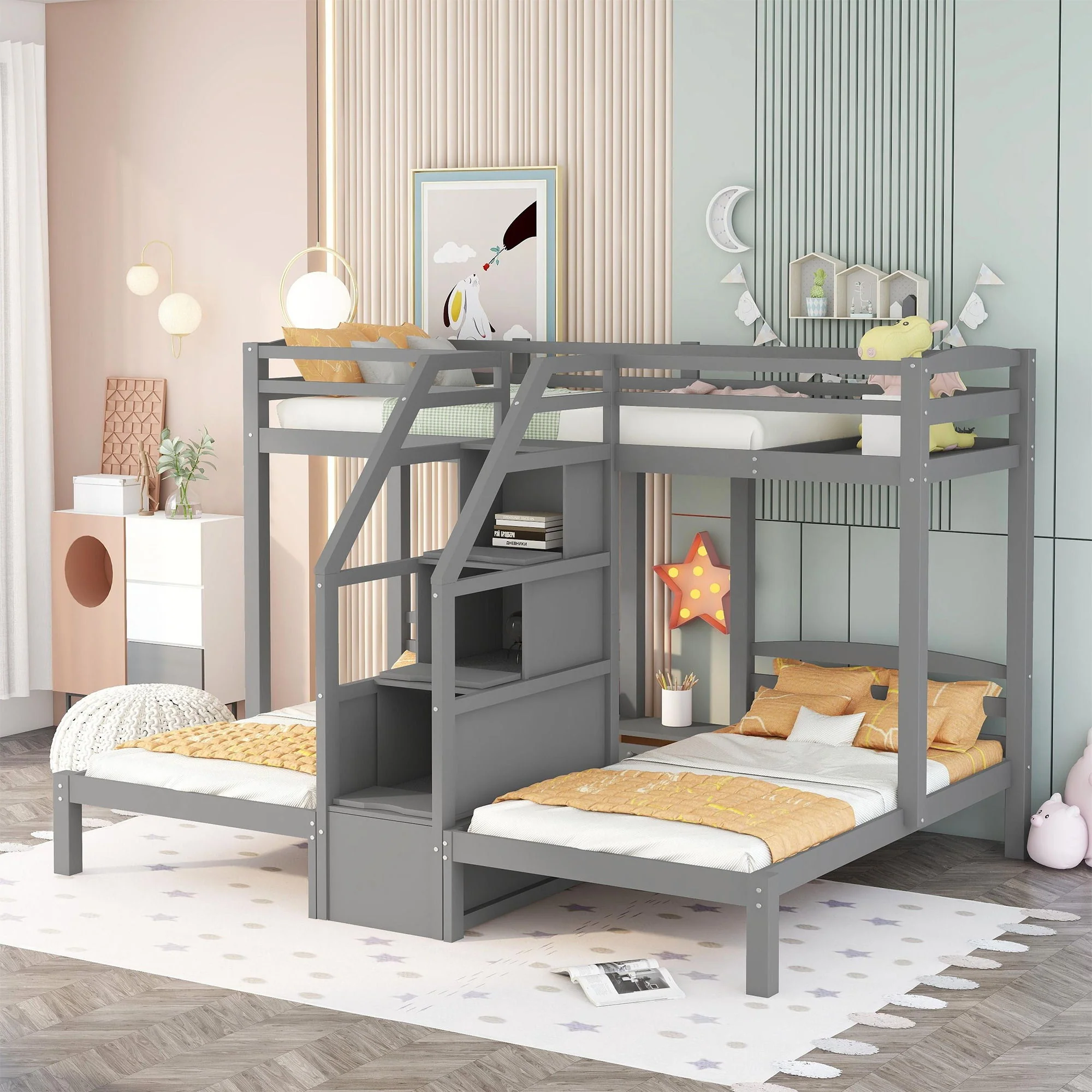 Twin Over Twin & Twin Bunk Bed With Built In Staircase And Storage Drawer - Gray - Image 5