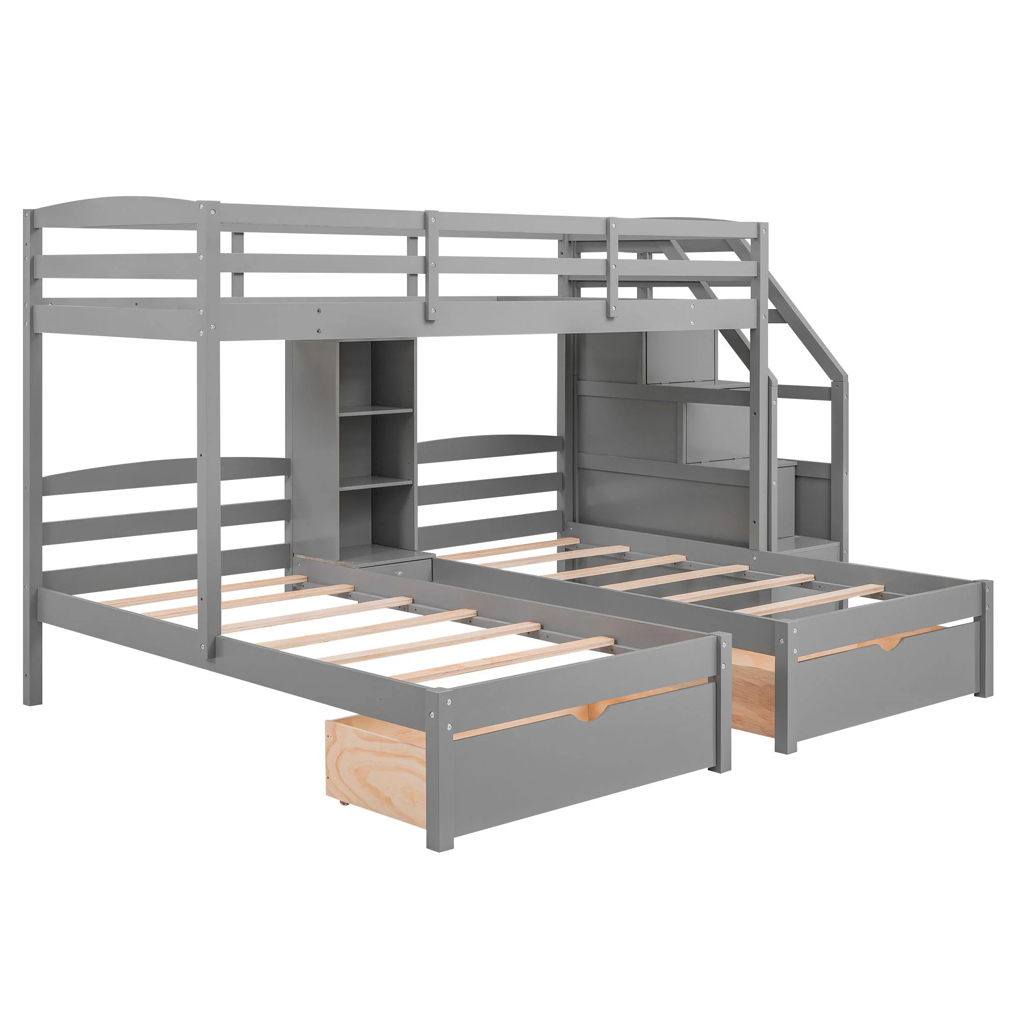Twin Over Twin & Twin Bunk Bed With Drawers, Staircase Storage, Built In Shelves - Gray - Image 2