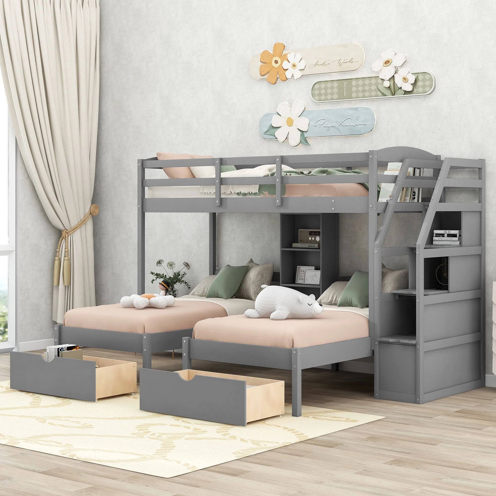 Twin Over Twin & Twin Bunk Bed With Drawers, Staircase Storage, Built In Shelves - Gray - Image 8