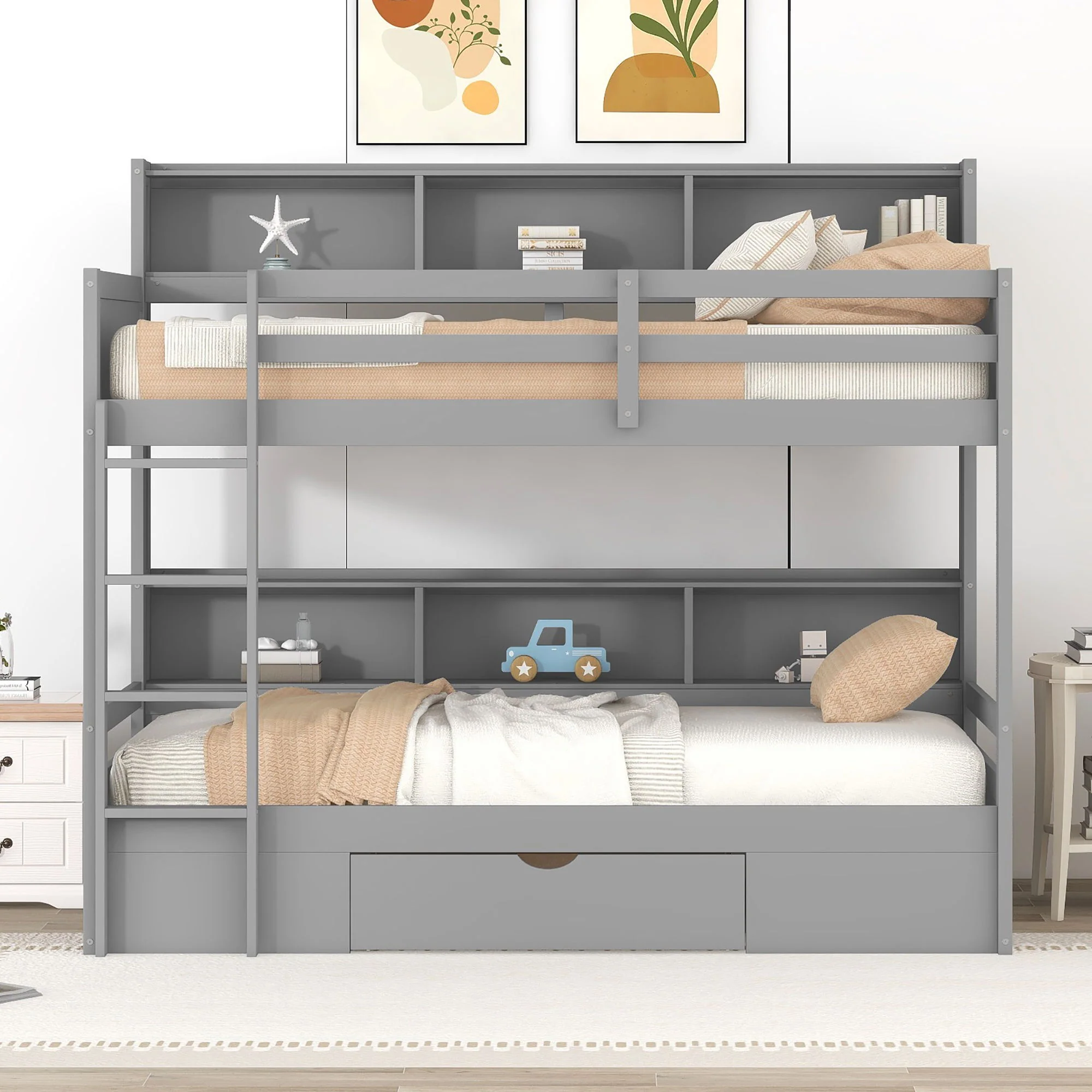 Twin Size Bunk Bed With Built-In Shelves Beside Both Upper And Down Bed And Storage Drawer - Image 17
