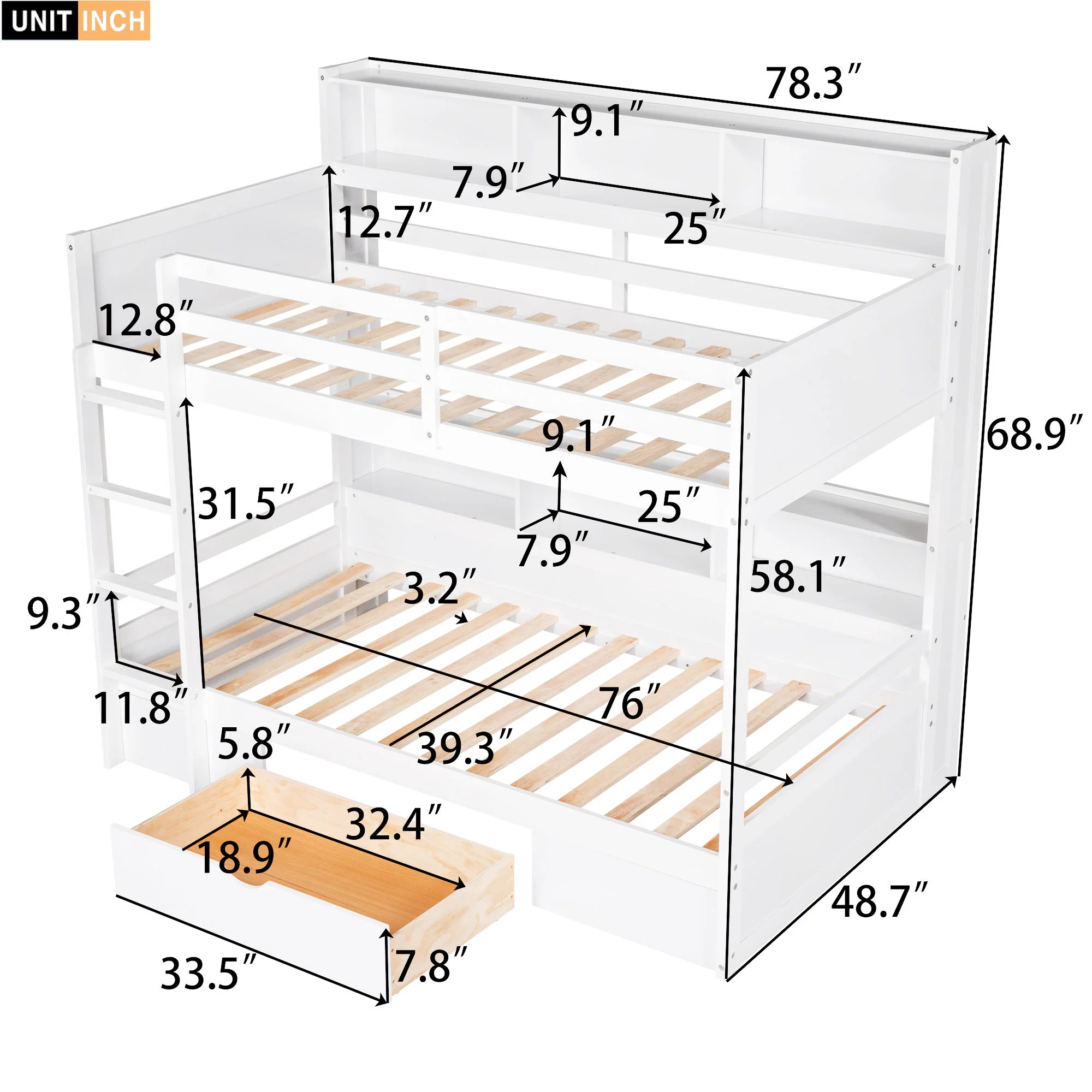 Twin Size Bunk Bed With Built-In Shelves Beside Both Upper And Down Bed And Storage Drawer - Image 8