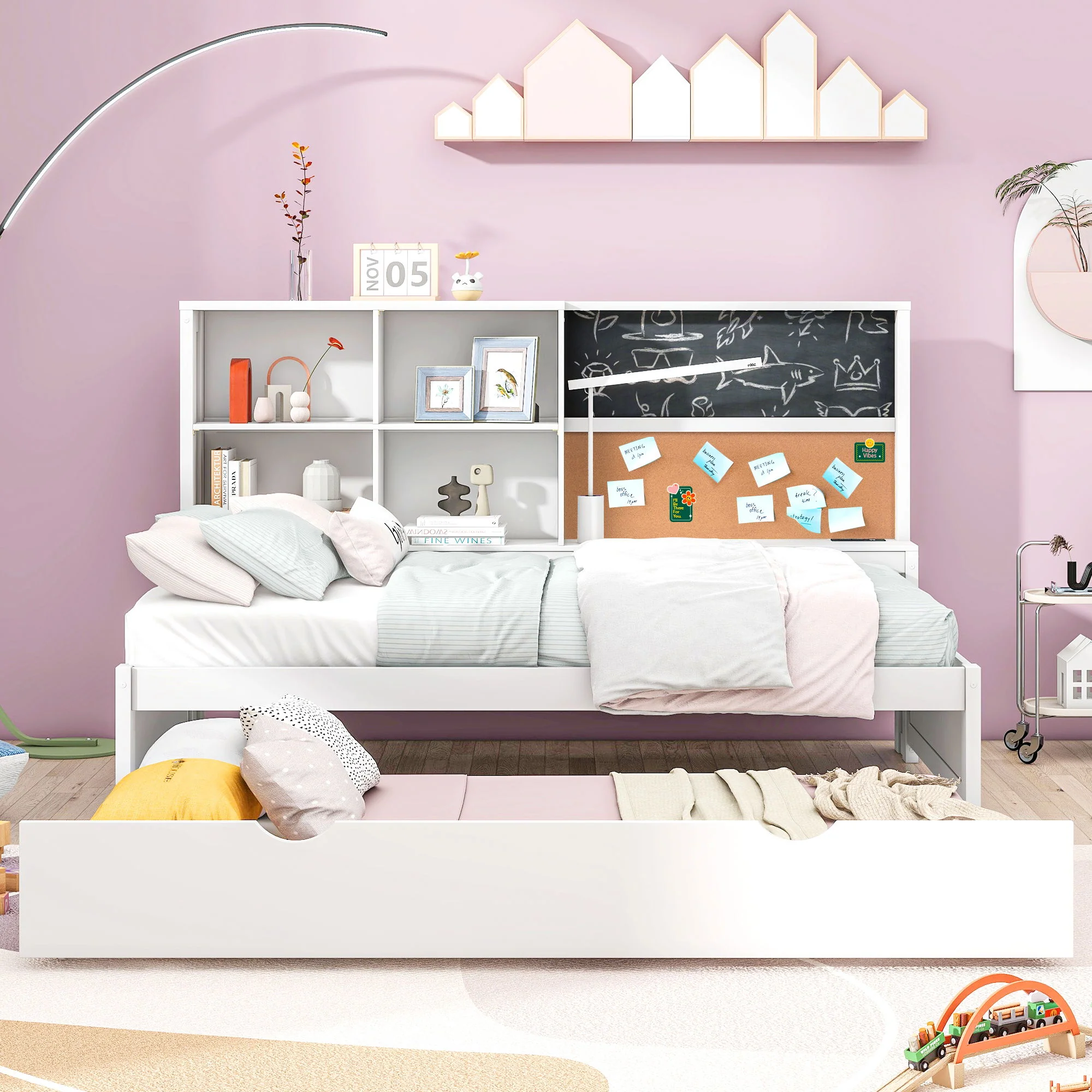 Twin Size Daybed With Storage Shelvesboard, Cork Board, USB Ports And Trundle - White - Image 7