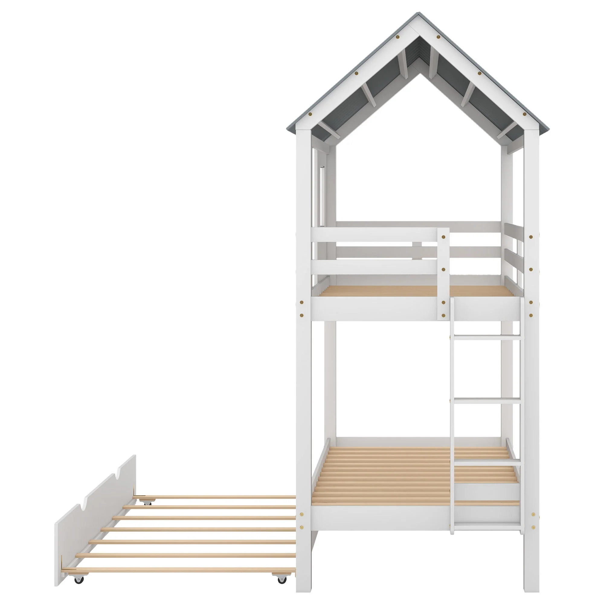 Twin Size House Bunk Bed With Trundle, Roof And Windows - White / Gray - Image 2
