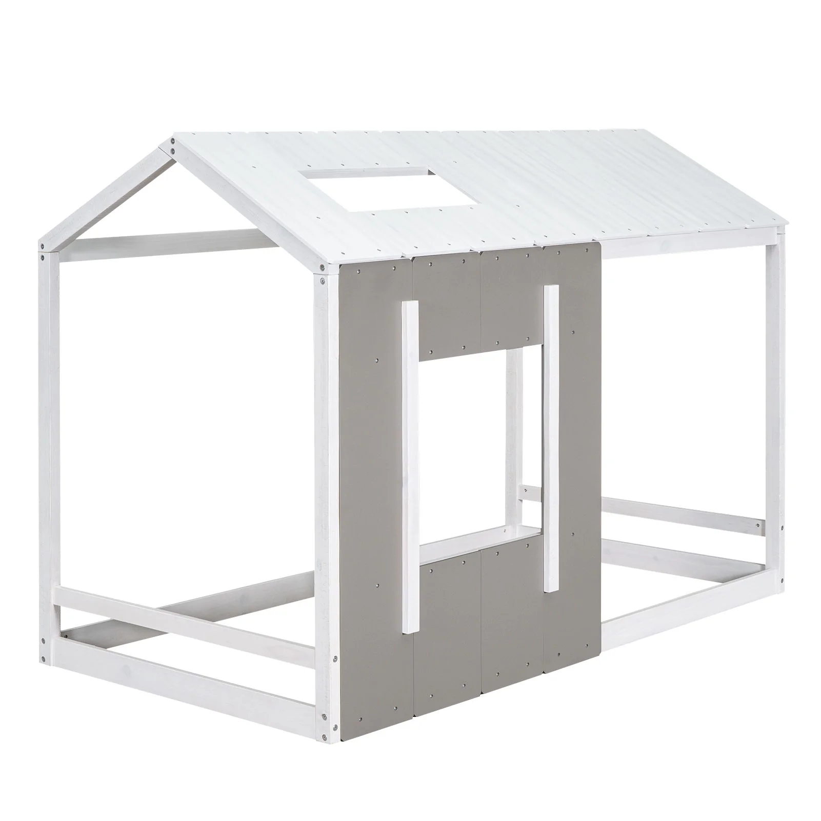 Twin Size House Platform Bed With Roof And Window - Natural / White - Image 4